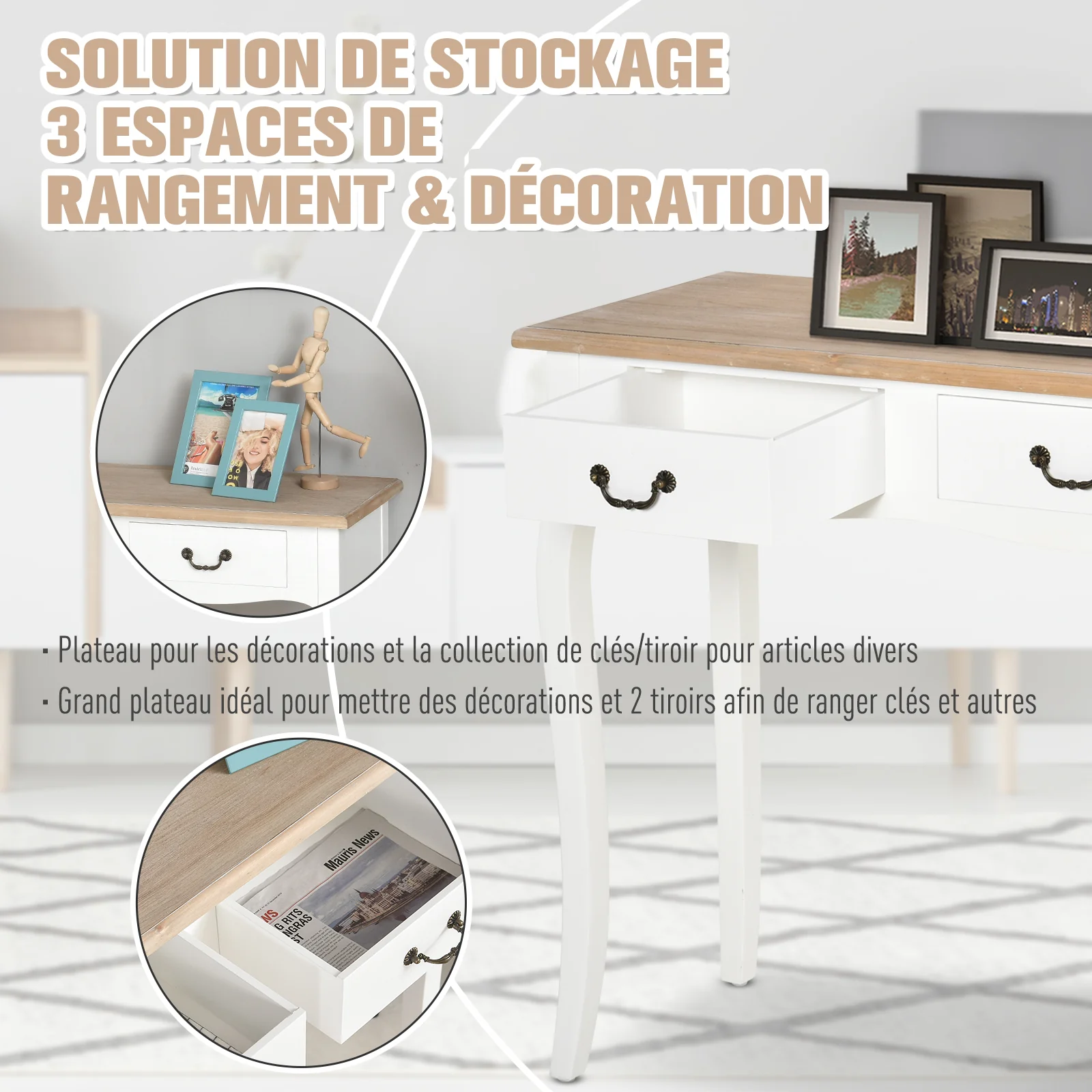 Table Console Table d'entrée Bout de Canapé Style Mexicain 2 tiroirs dim. 87L x 34l x 78H cm MDF Bois Massif pin Clair Blanc - Image 5