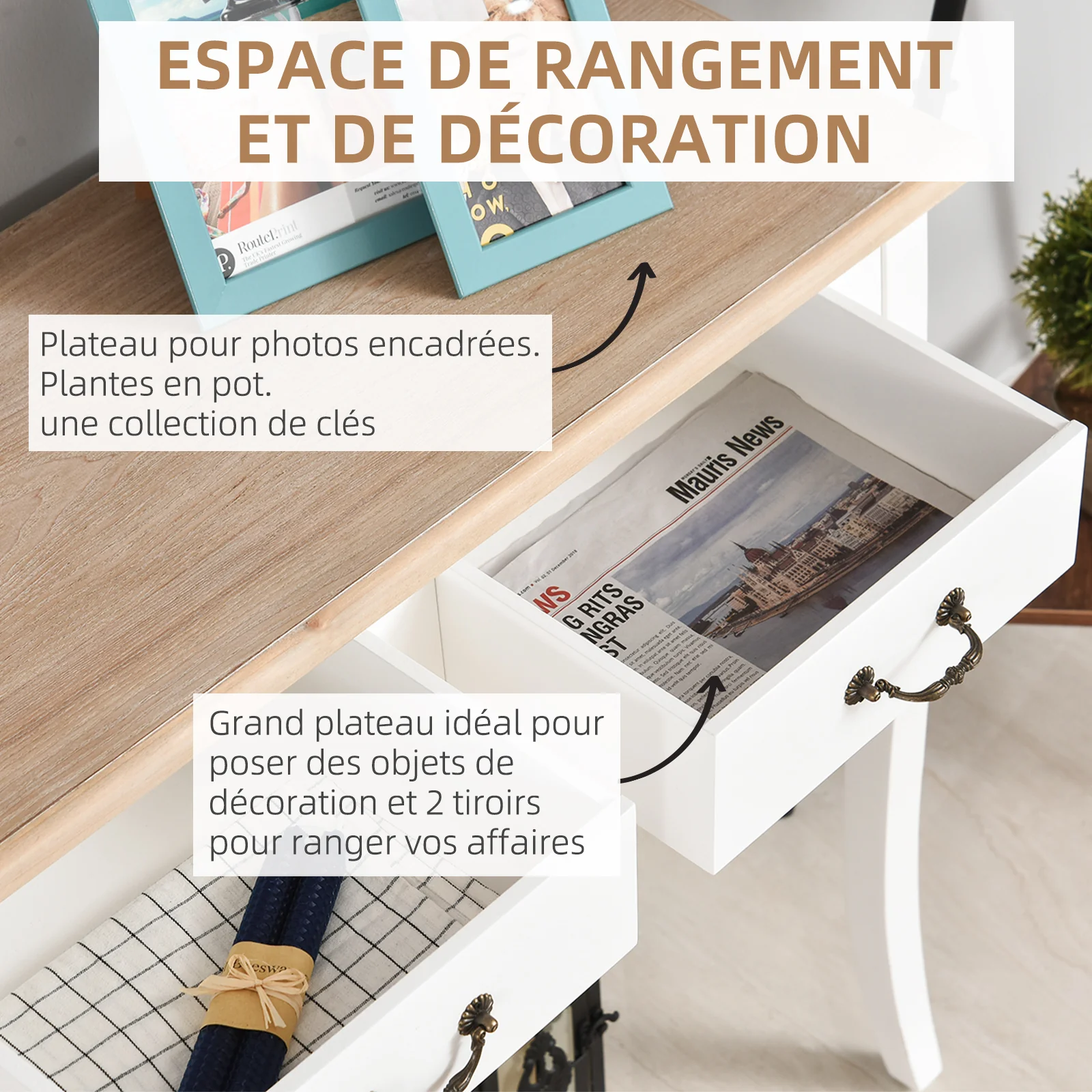 Table Console Table d'entrée Bout de Canapé Style Mexicain 2 tiroirs dim. 87L x 34l x 78H cm MDF Bois Massif pin Clair Blanc - Image 6