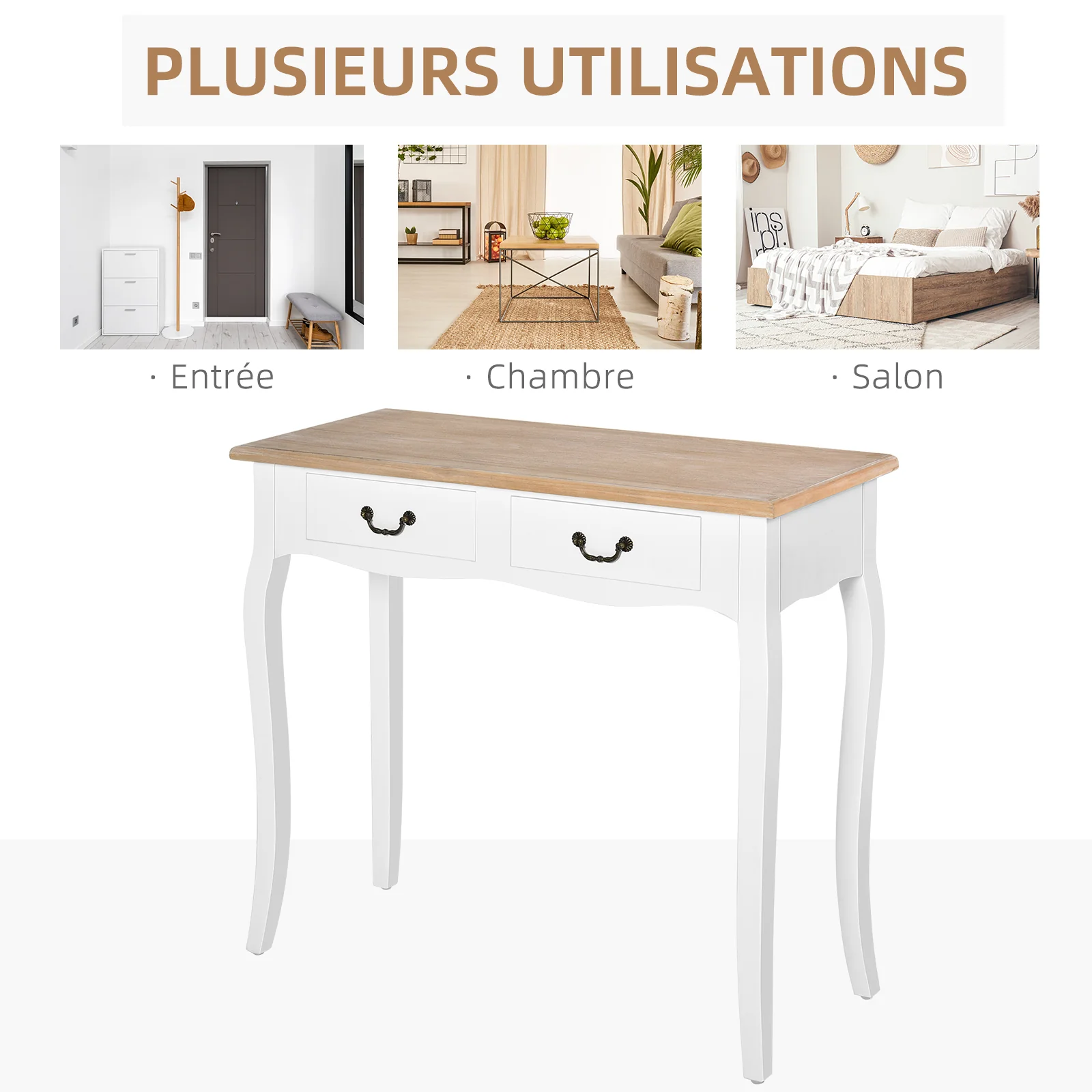 Table Console Table d'entrée Bout de Canapé Style Mexicain 2 tiroirs dim. 87L x 34l x 78H cm MDF Bois Massif pin Clair Blanc - Image 8