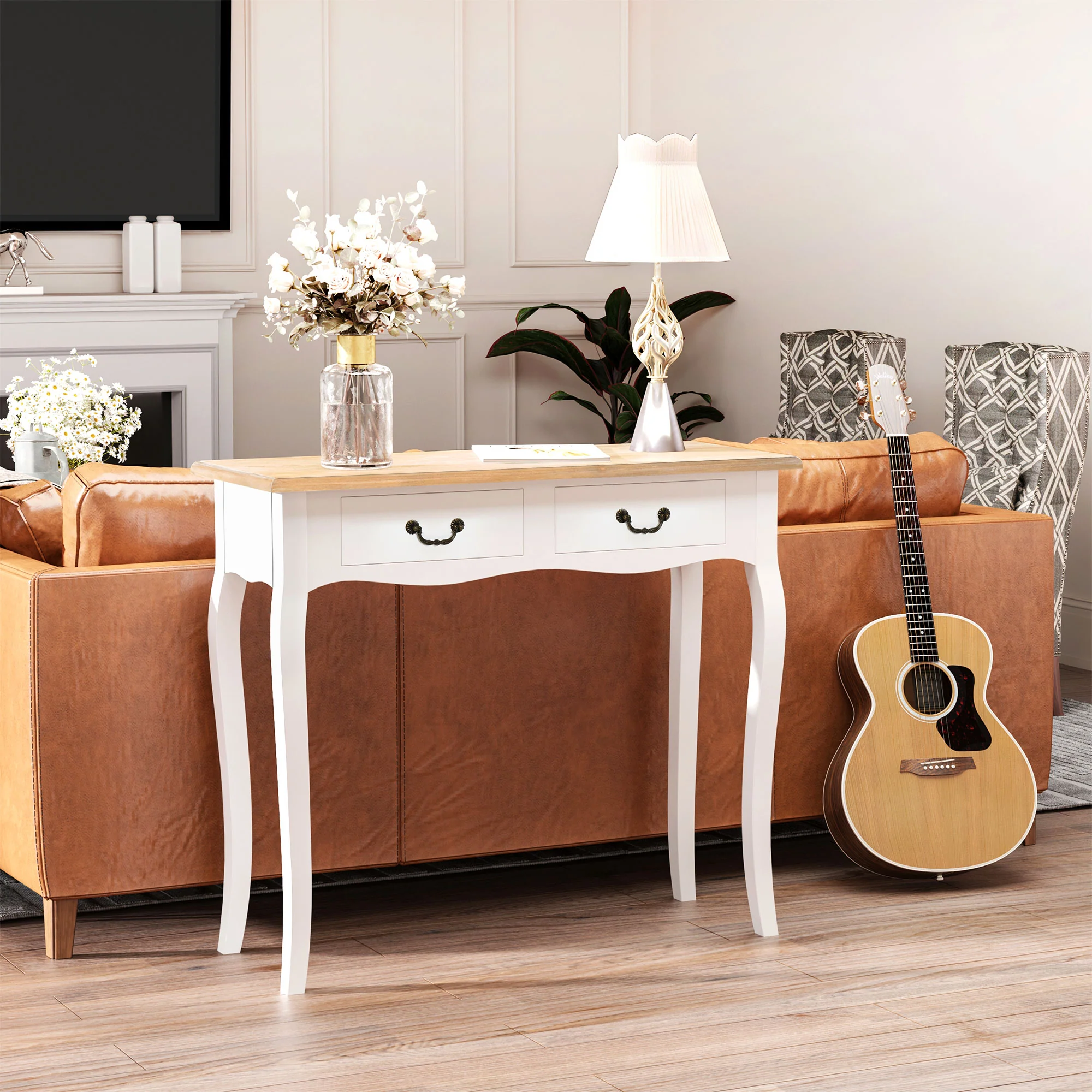 Table Console Table d'entrée Bout de Canapé Style Mexicain 2 tiroirs dim. 87L x 34l x 78H cm MDF Bois Massif pin Clair Blanc - Image 9