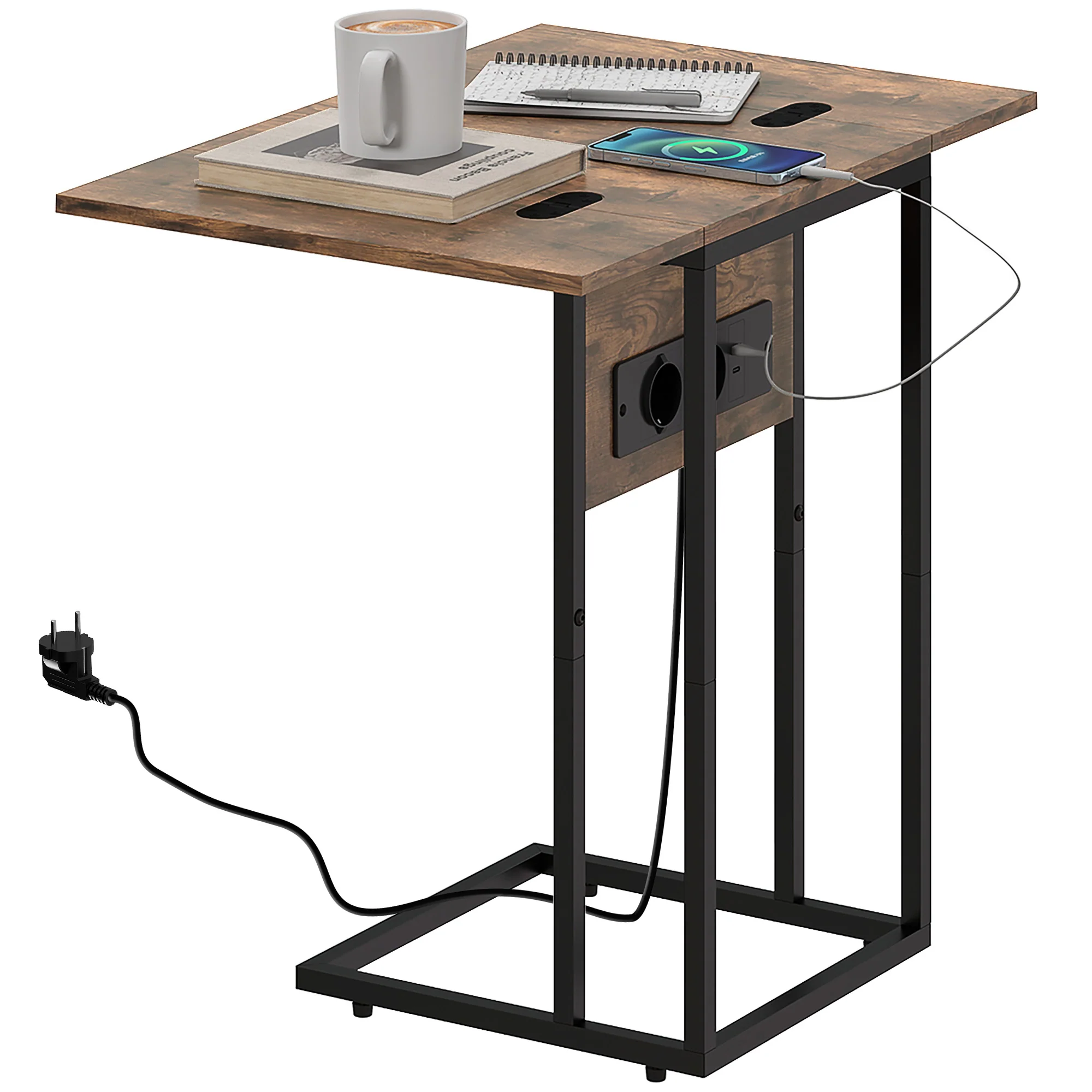 Table d'appoint avec station de charge, bout de canapé avec plateau pliable, cadre en métal, table basse pour salon, chambre, 39 x 29 x 57 cm, brun rustique et noir