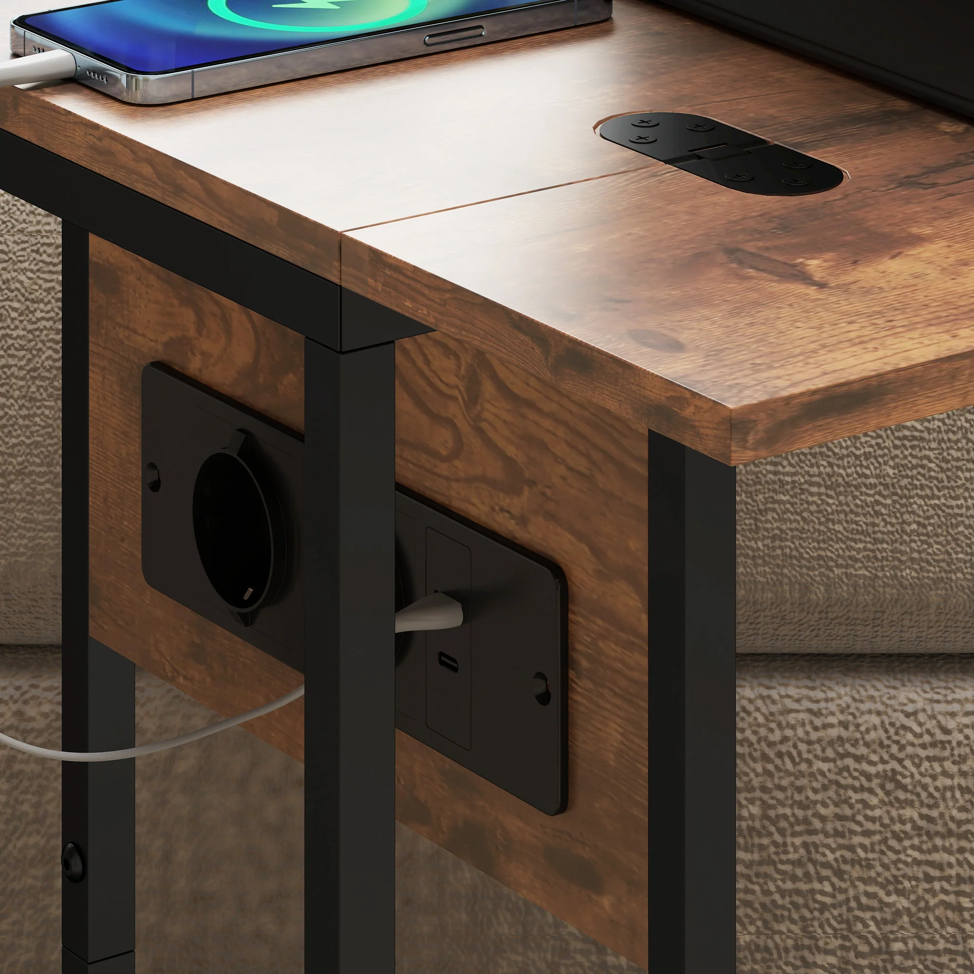 Table d'appoint avec station de charge, bout de canapé avec plateau pliable, cadre en métal, table basse pour salon, chambre, 39 x 29 x 57 cm, brun rustique et noir - Image 10