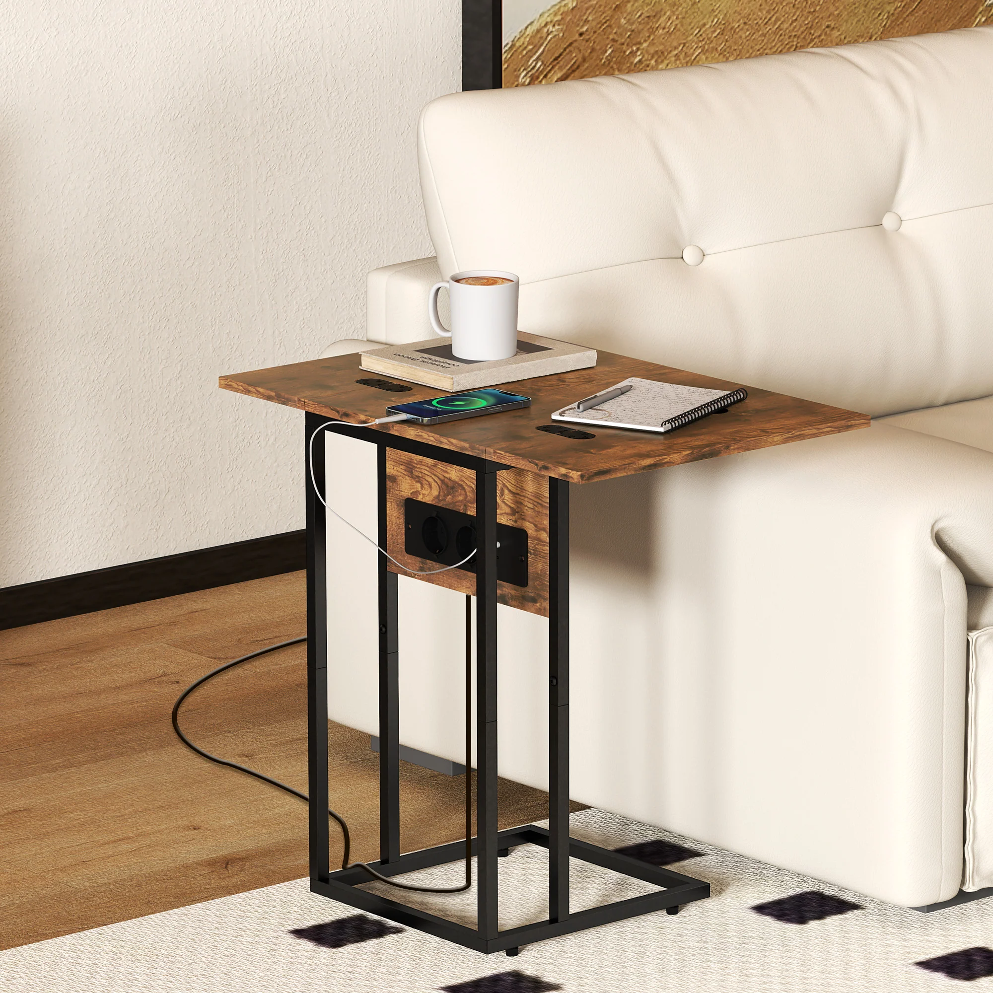 Table d'appoint avec station de charge, bout de canapé avec plateau pliable, cadre en métal, table basse pour salon, chambre, 39 x 29 x 57 cm, brun rustique et noir - Image 3