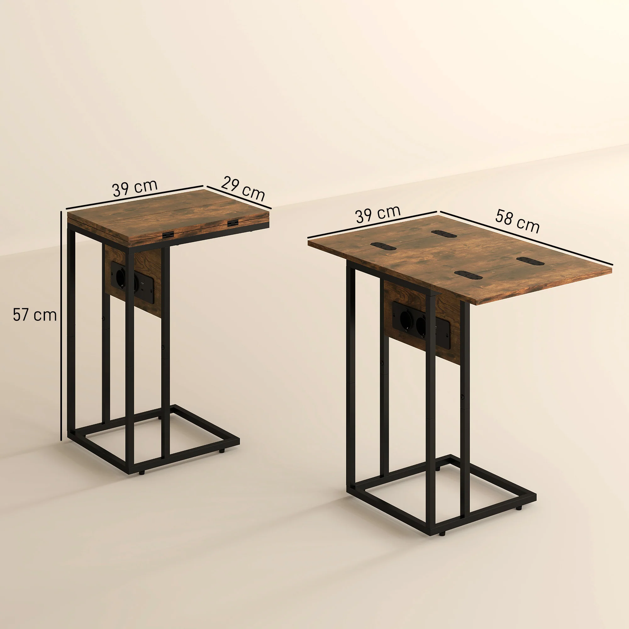 Table d'appoint avec station de charge, bout de canapé avec plateau pliable, cadre en métal, table basse pour salon, chambre, 39 x 29 x 57 cm, brun rustique et noir - Image 4