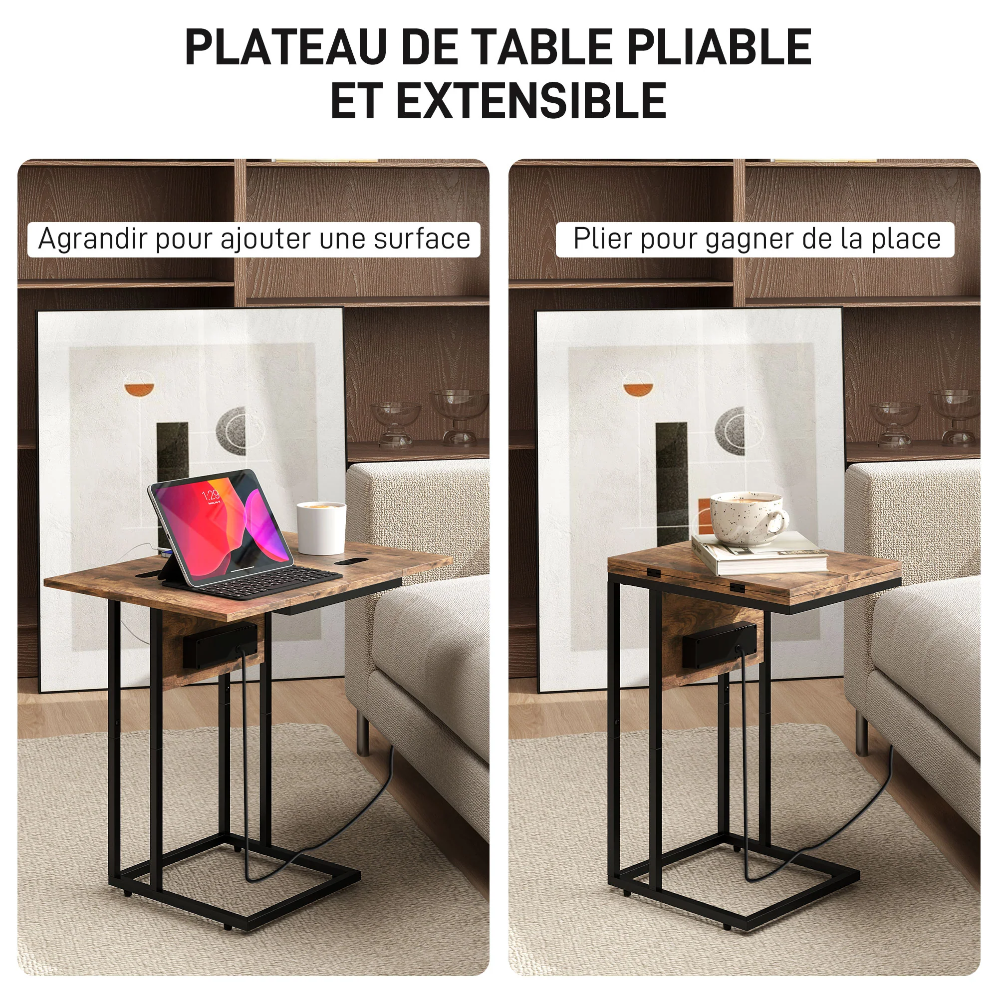 Table d'appoint avec station de charge, bout de canapé avec plateau pliable, cadre en métal, table basse pour salon, chambre, 39 x 29 x 57 cm, brun rustique et noir - Image 5