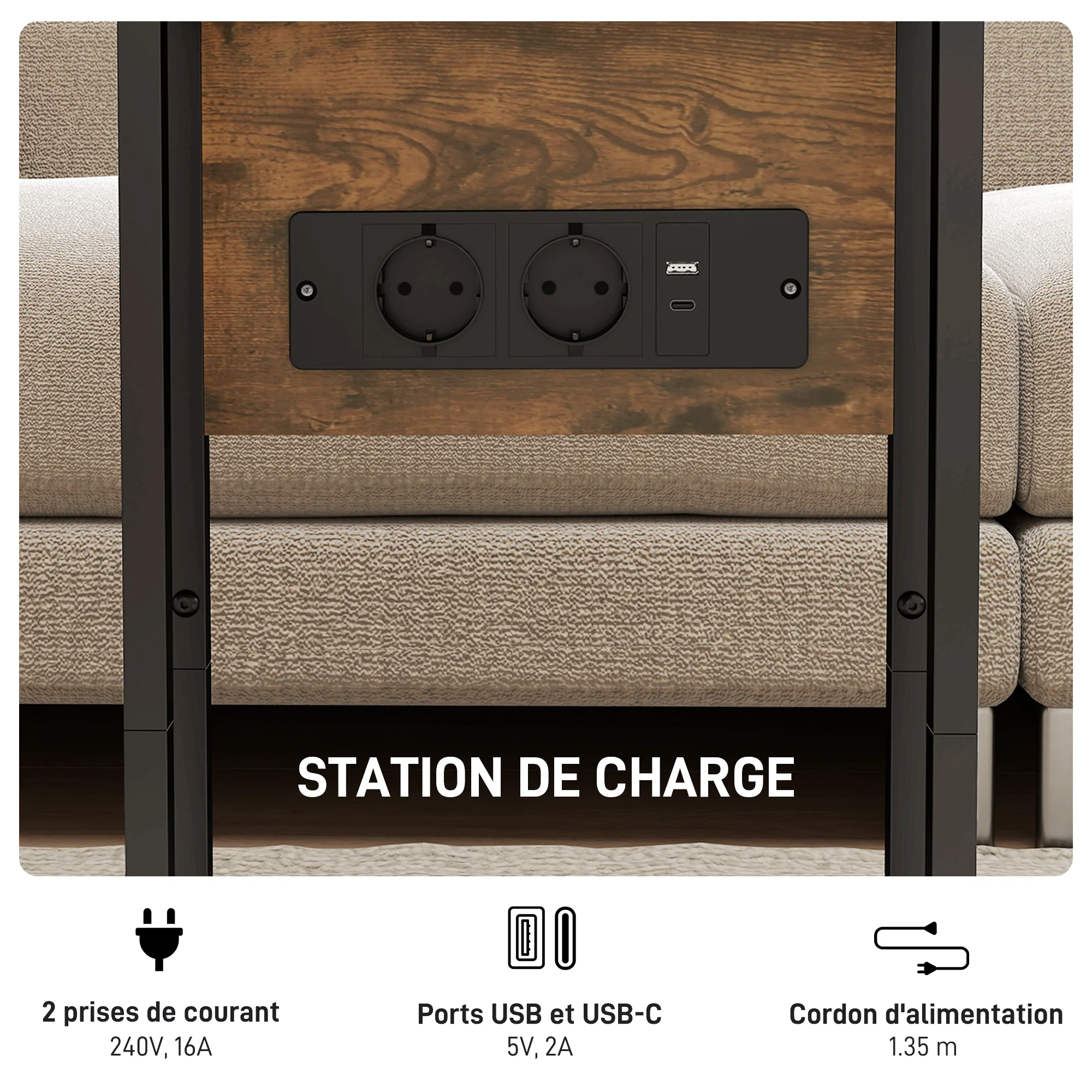 Table d'appoint avec station de charge, bout de canapé avec plateau pliable, cadre en métal, table basse pour salon, chambre, 39 x 29 x 57 cm, brun rustique et noir - Image 6