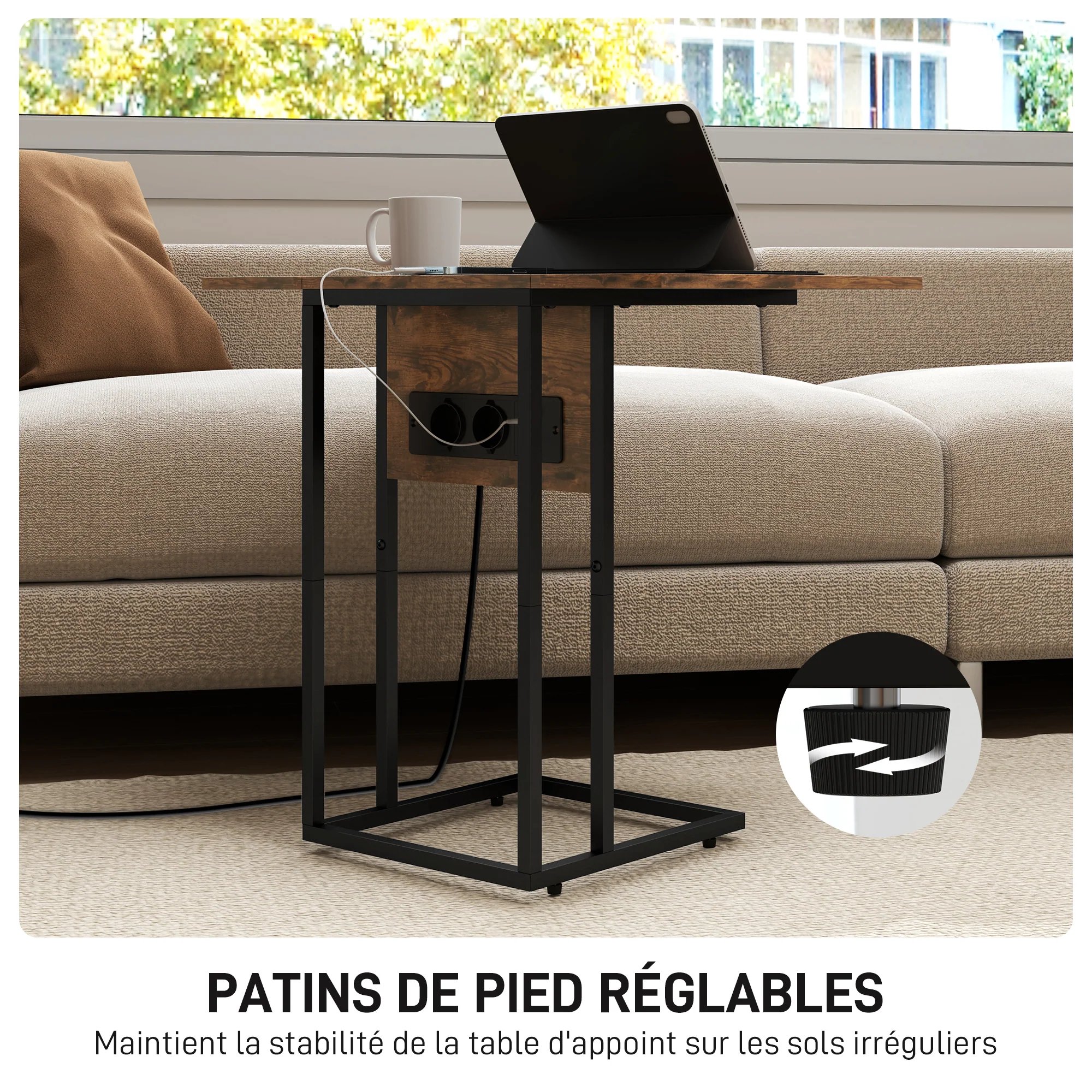 Table d'appoint avec station de charge, bout de canapé avec plateau pliable, cadre en métal, table basse pour salon, chambre, 39 x 29 x 57 cm, brun rustique et noir - Image 7