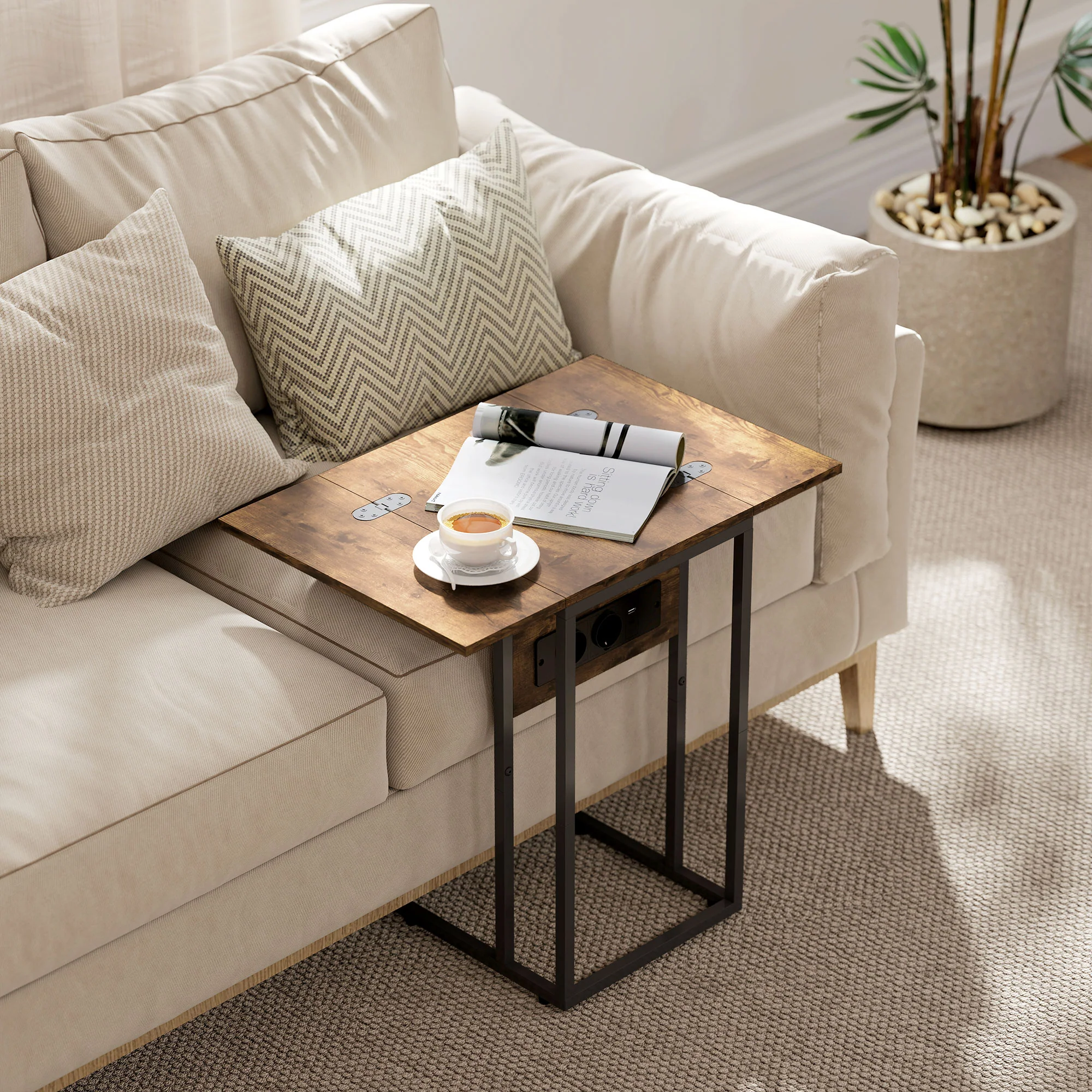 Table d'appoint avec station de charge, bout de canapé avec plateau pliable, cadre en métal, table basse pour salon, chambre, 39 x 29 x 57 cm, brun rustique et noir - Image 8