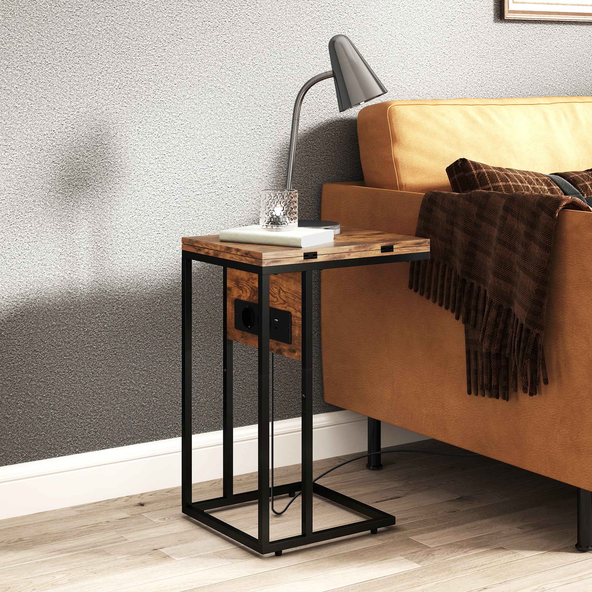 Table d'appoint avec station de charge, bout de canapé avec plateau pliable, cadre en métal, table basse pour salon, chambre, 39 x 29 x 57 cm, brun rustique et noir - Image 9