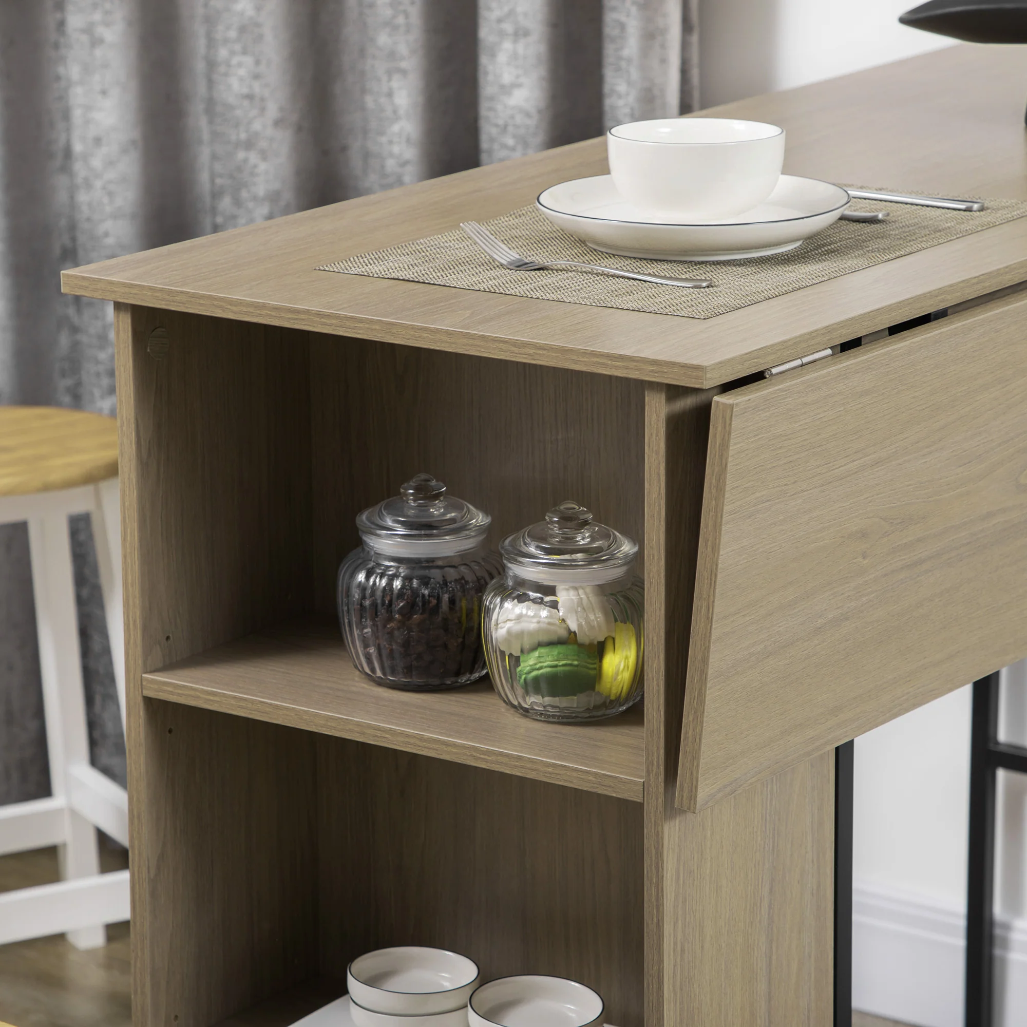 Table de bar avec rangement Table Bistrot Ilot central plateau latéral rabattable et 3 étagères - 120 x 76 x 91,4 cm - Image 10