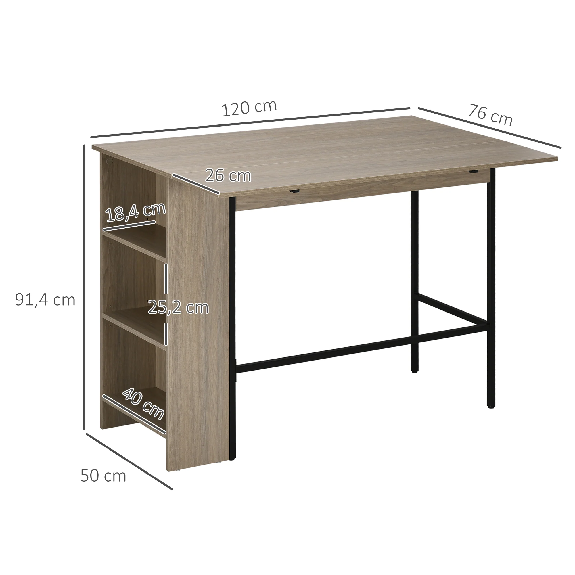 Table de bar avec rangement Table Bistrot Ilot central plateau latéral rabattable et 3 étagères - 120 x 76 x 91,4 cm - Image 4