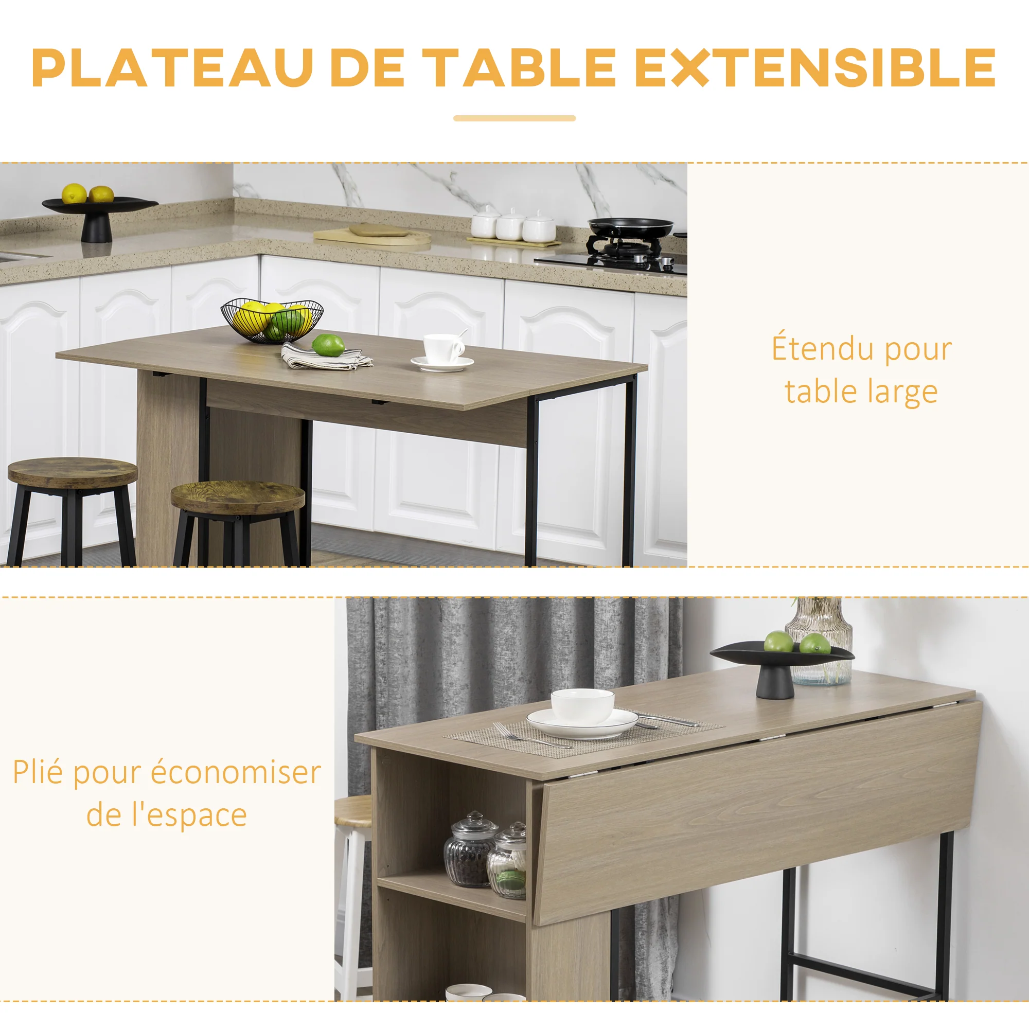 Table de bar avec rangement Table Bistrot Ilot central plateau latéral rabattable et 3 étagères - 120 x 76 x 91,4 cm - Image 5
