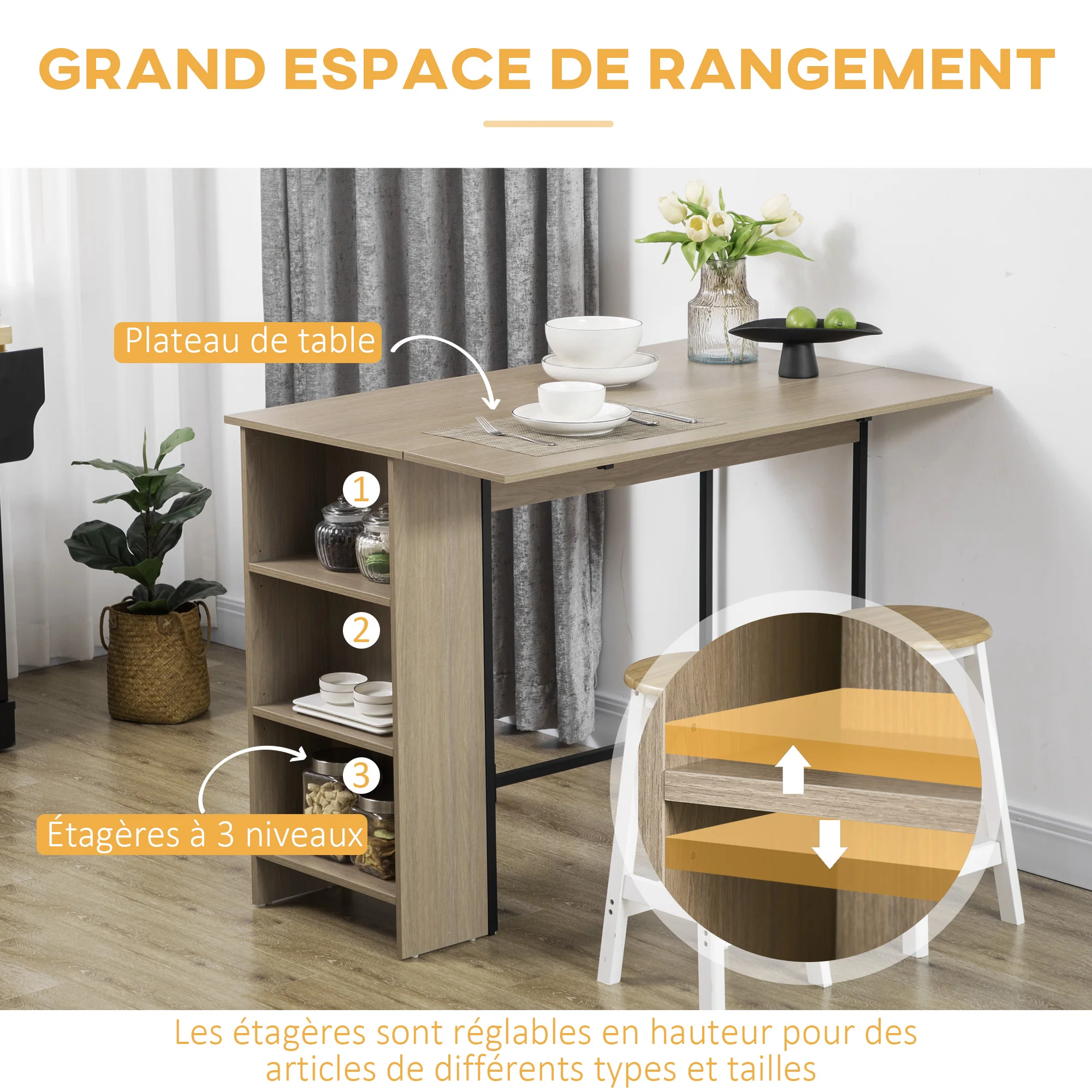 Table de bar avec rangement Table Bistrot Ilot central plateau latéral rabattable et 3 étagères - 120 x 76 x 91,4 cm - Image 6