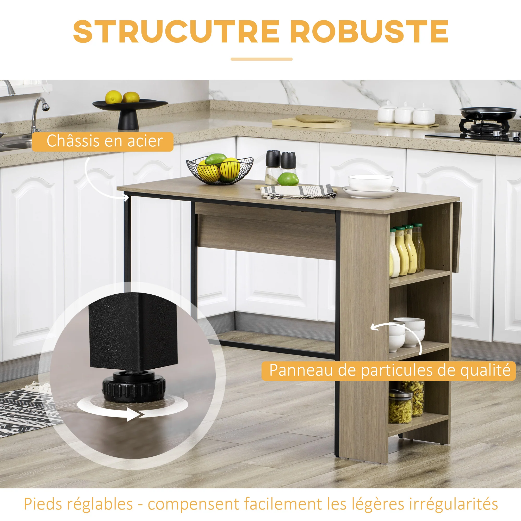 Table de bar avec rangement Table Bistrot Ilot central plateau latéral rabattable et 3 étagères - 120 x 76 x 91,4 cm - Image 7