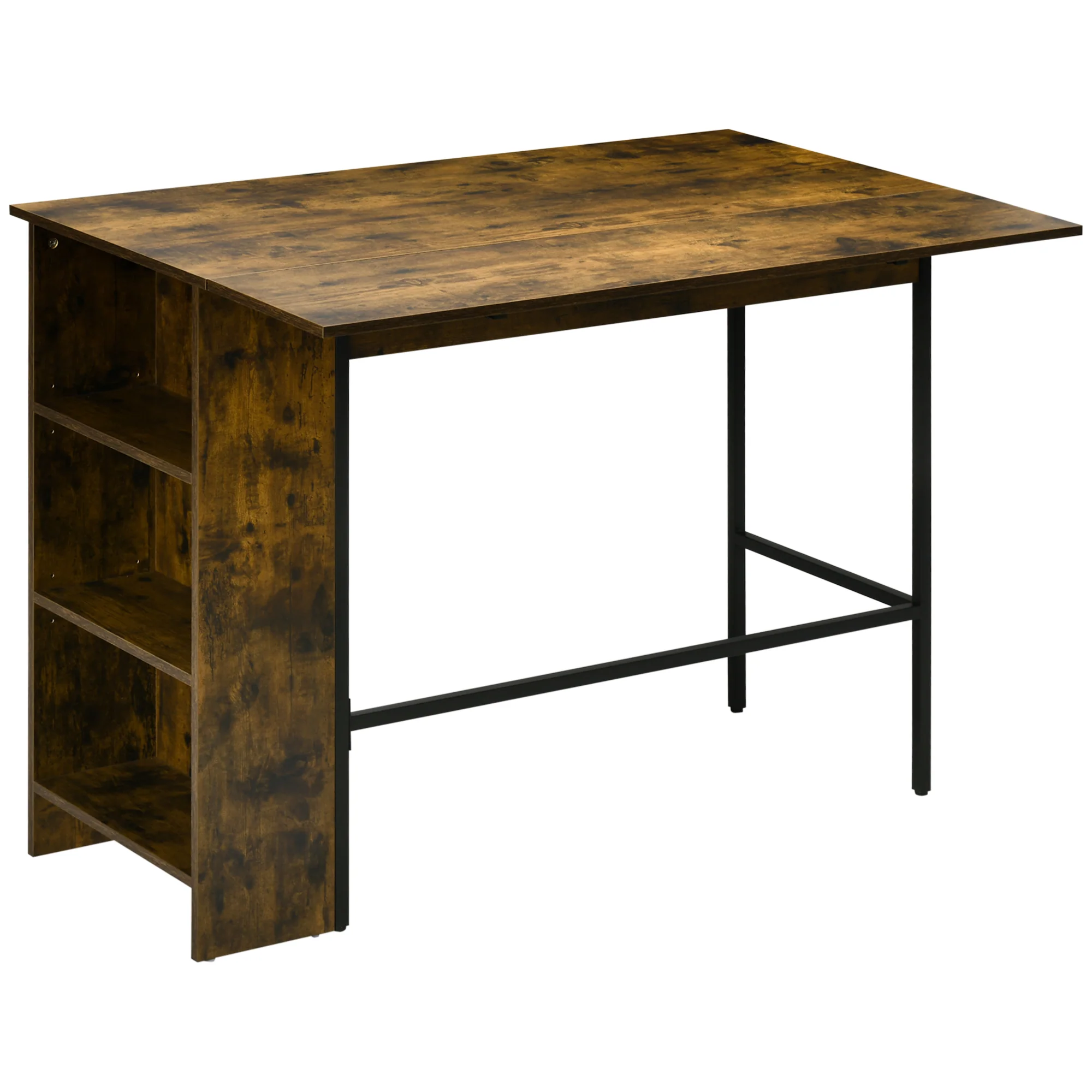Table de bar avec rangement Table Bistrot Ilot central plateau latéral rabattable et 3 étagères - 120 x 76 x 91,4 cm Brun Rustique - Image 11