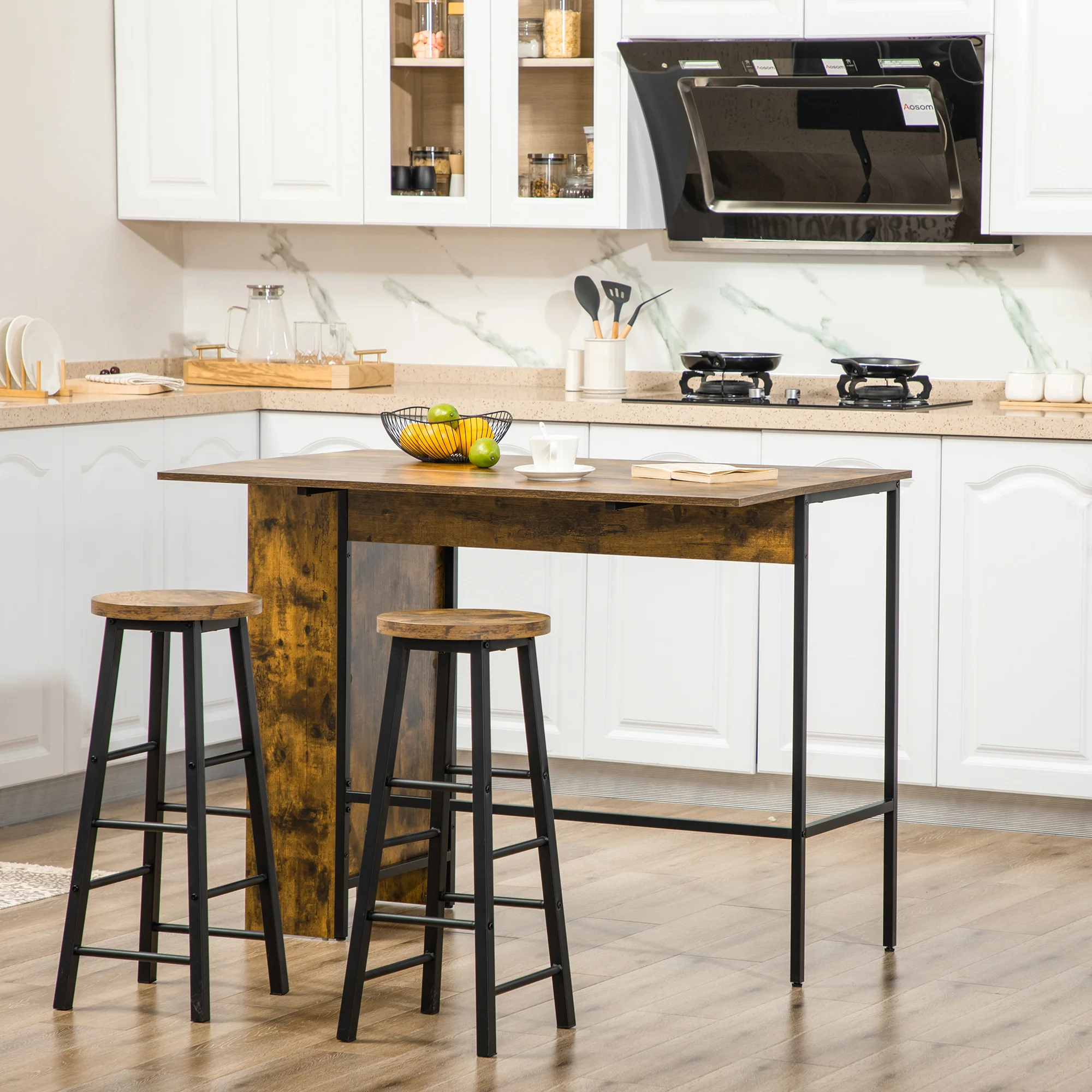 Table de bar avec rangement Table Bistrot Ilot central plateau latéral rabattable et 3 étagères - 120 x 76 x 91,4 cm Brun Rustique - Image 3
