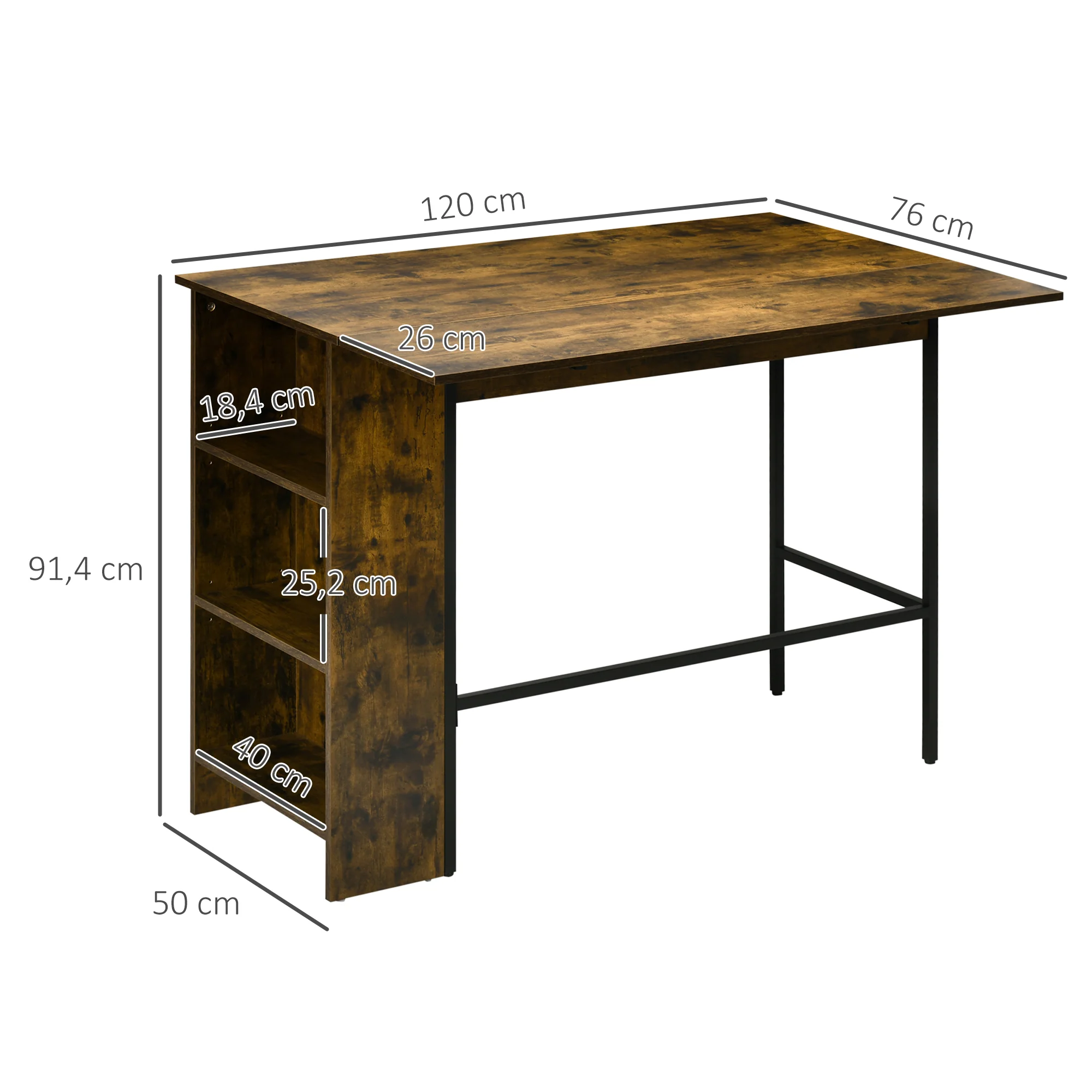 Table de bar avec rangement Table Bistrot Ilot central plateau latéral rabattable et 3 étagères - 120 x 76 x 91,4 cm Brun Rustique - Image 4