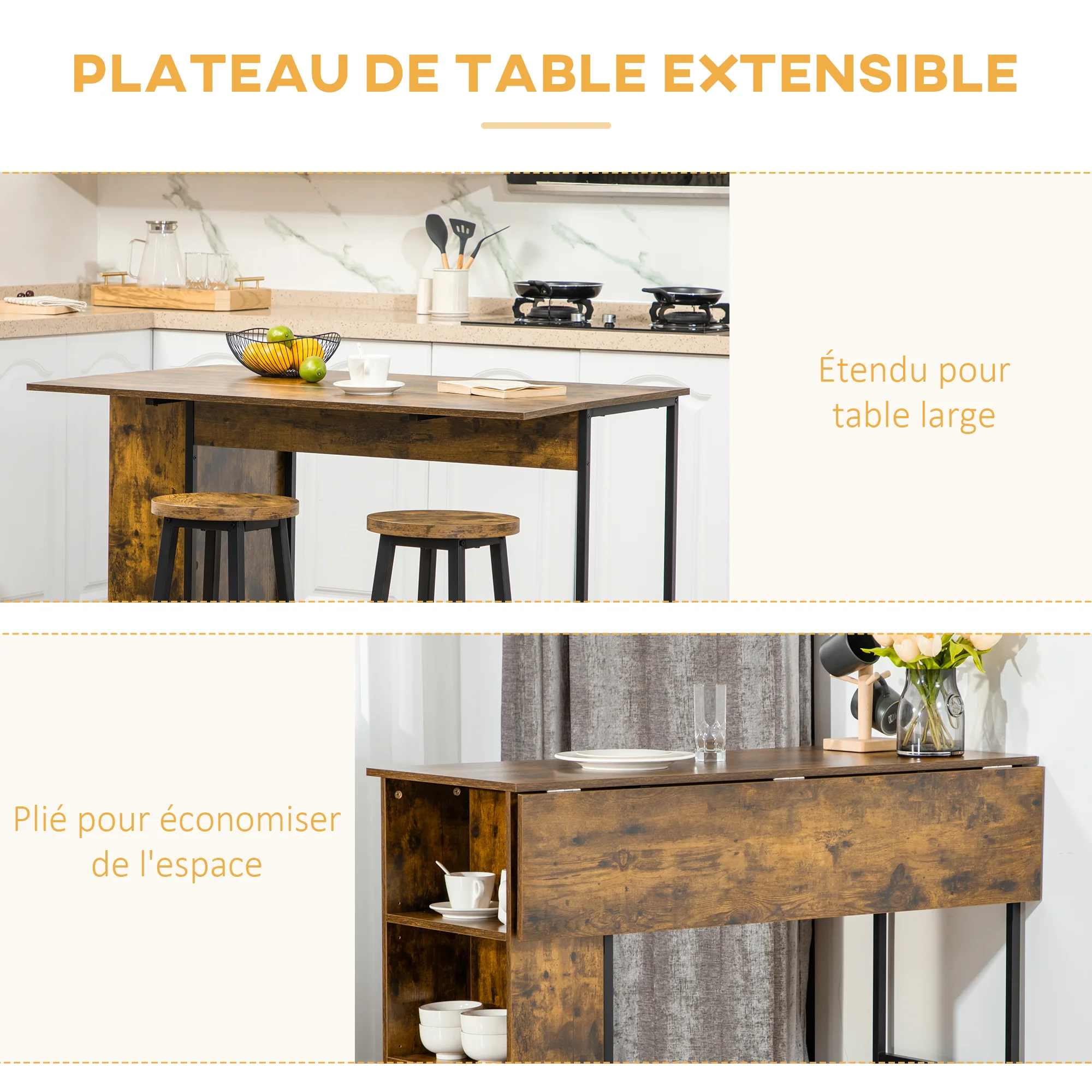 Table de bar avec rangement Table Bistrot Ilot central plateau latéral rabattable et 3 étagères - 120 x 76 x 91,4 cm Brun Rustique - Image 5