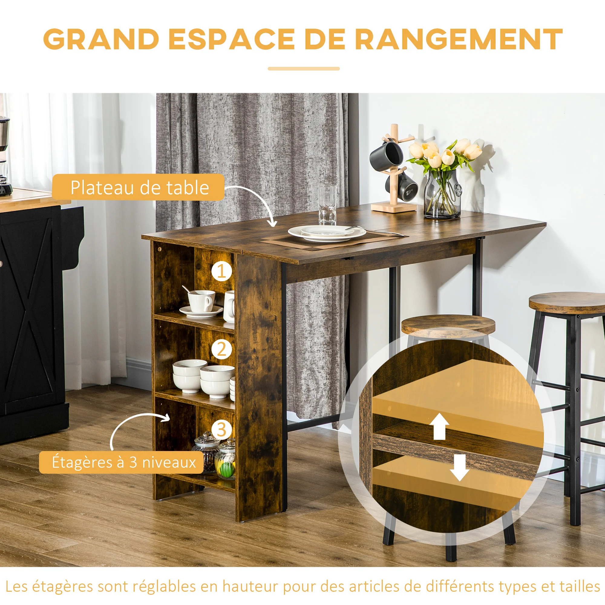 Table de bar avec rangement Table Bistrot Ilot central plateau latéral rabattable et 3 étagères - 120 x 76 x 91,4 cm Brun Rustique - Image 6