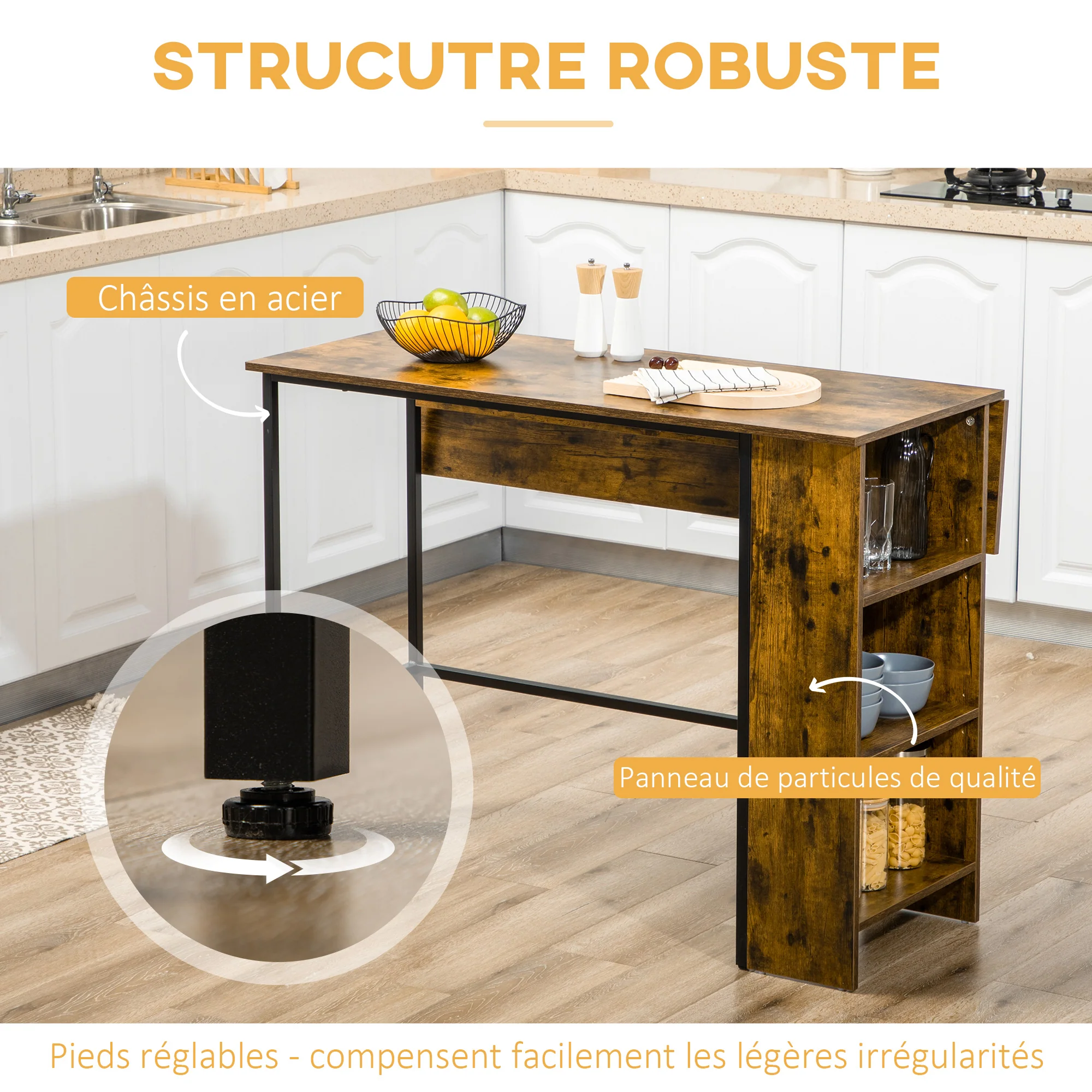 Table de bar avec rangement Table Bistrot Ilot central plateau latéral rabattable et 3 étagères - 120 x 76 x 91,4 cm Brun Rustique - Image 7