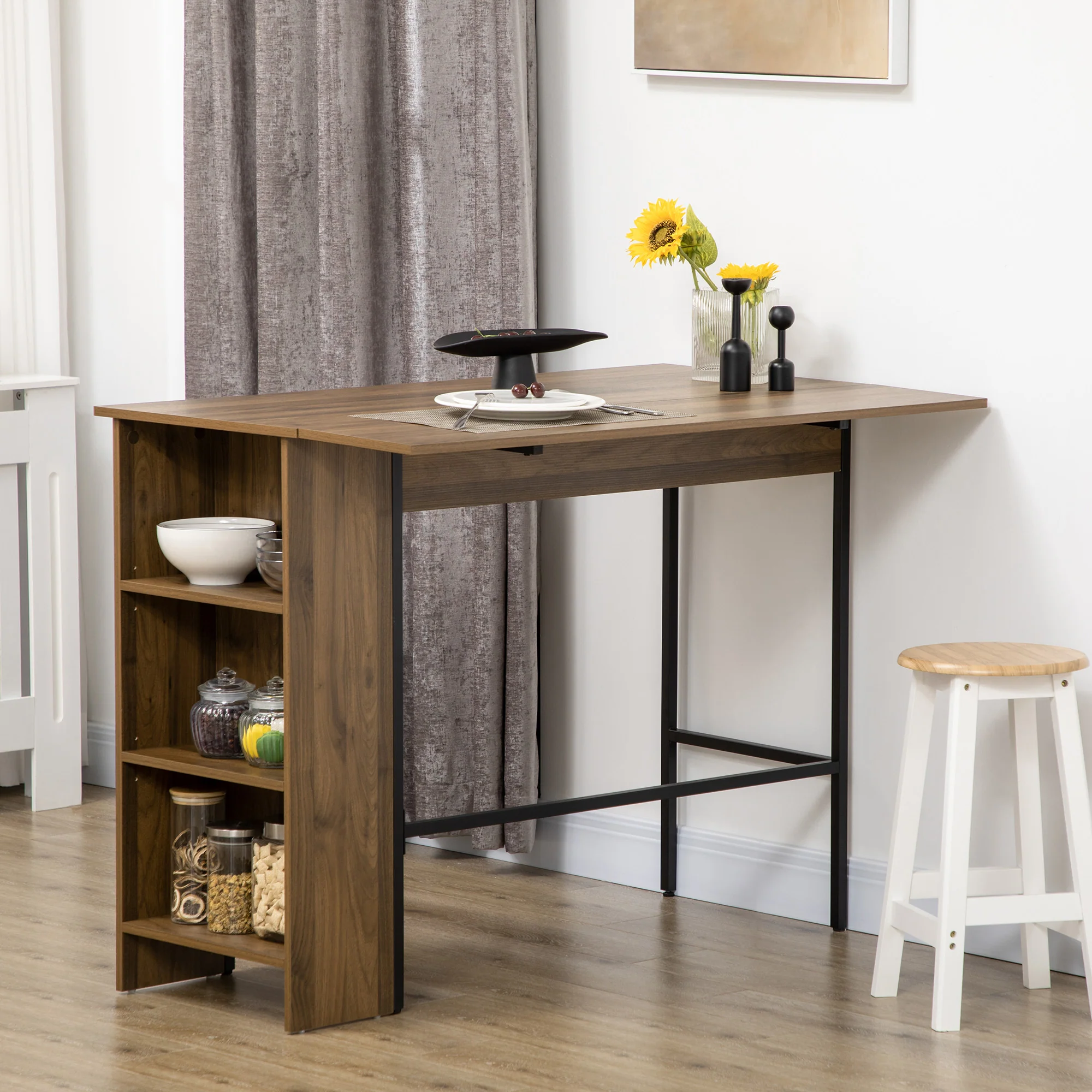 Table de bar avec rangement Table Bistrot Ilot central plateau latéral rabattable et 3 étagères - 120 x 76 x 91,4 cm marron - Image 3