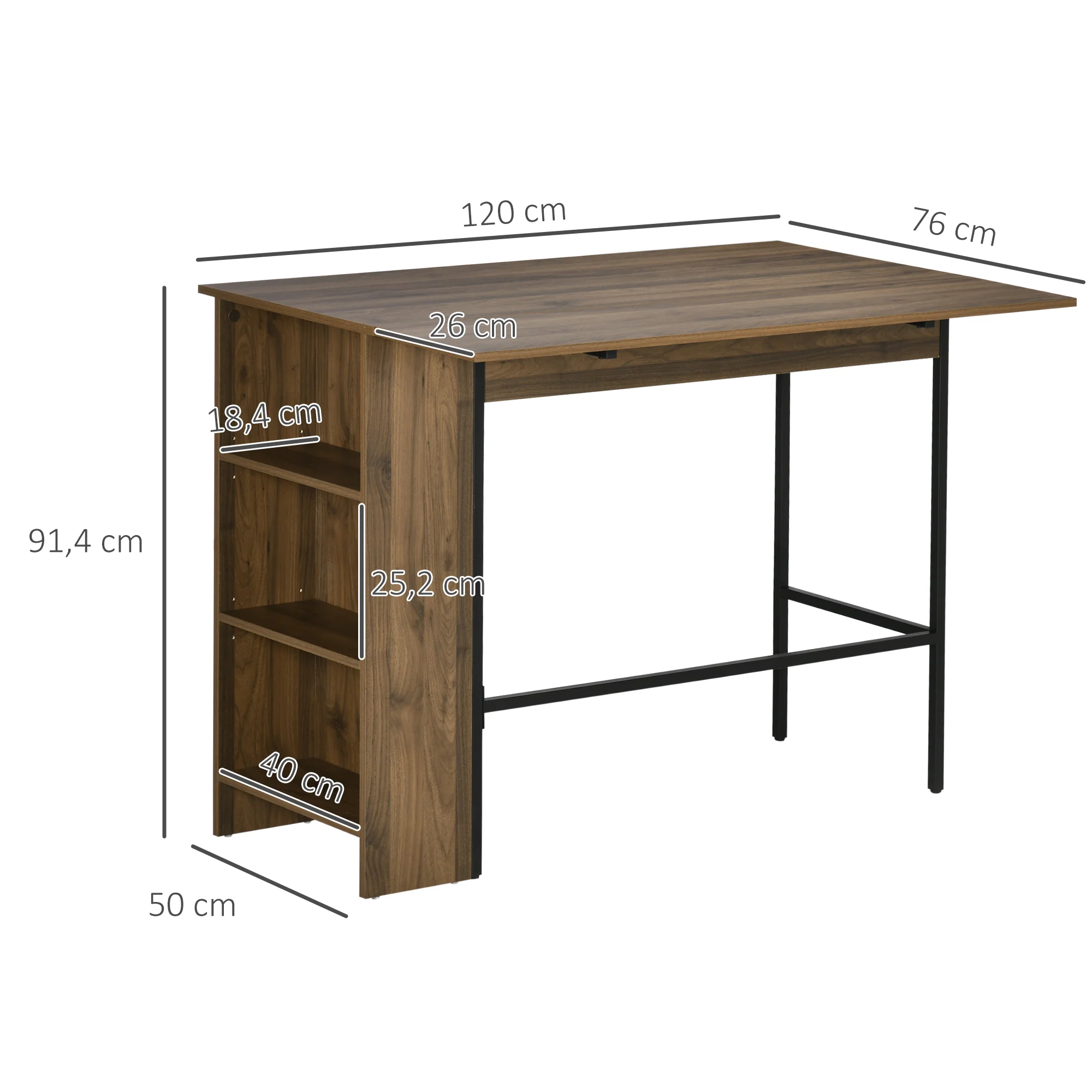 Table de bar avec rangement Table Bistrot Ilot central plateau latéral rabattable et 3 étagères - 120 x 76 x 91,4 cm marron - Image 4