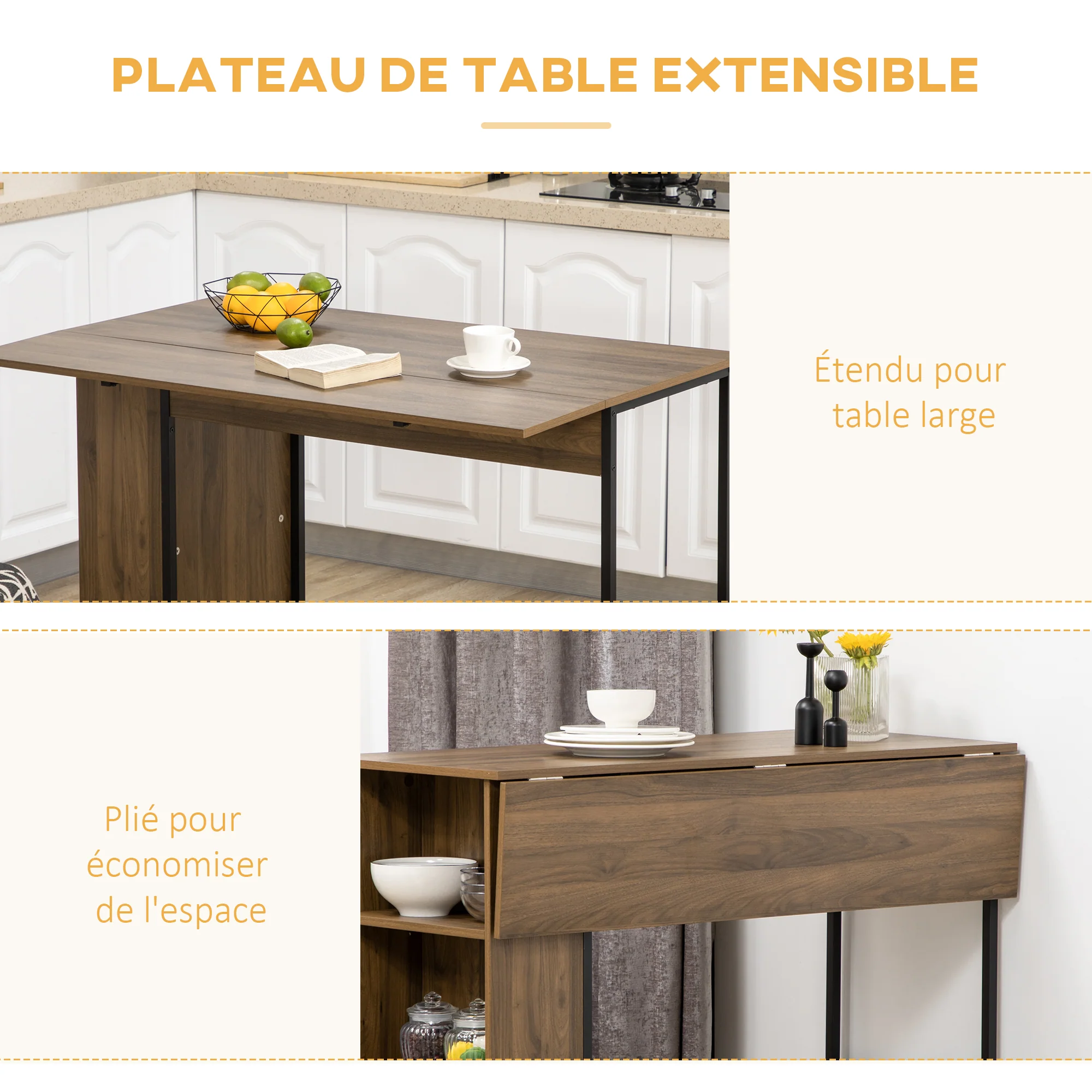 Table de bar avec rangement Table Bistrot Ilot central plateau latéral rabattable et 3 étagères - 120 x 76 x 91,4 cm marron - Image 5