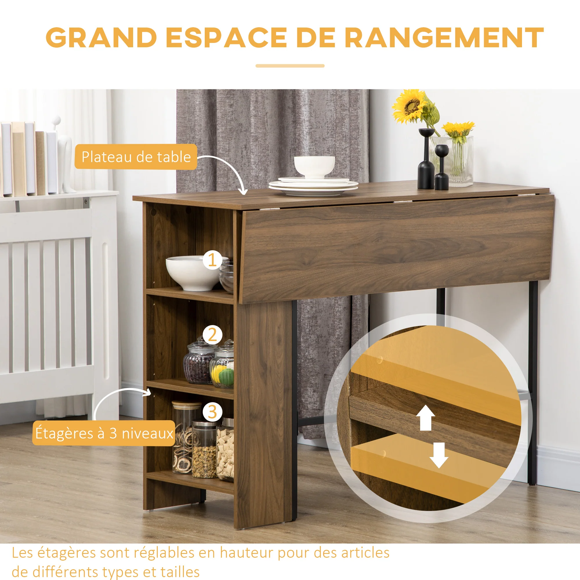 Table de bar avec rangement Table Bistrot Ilot central plateau latéral rabattable et 3 étagères - 120 x 76 x 91,4 cm marron - Image 6