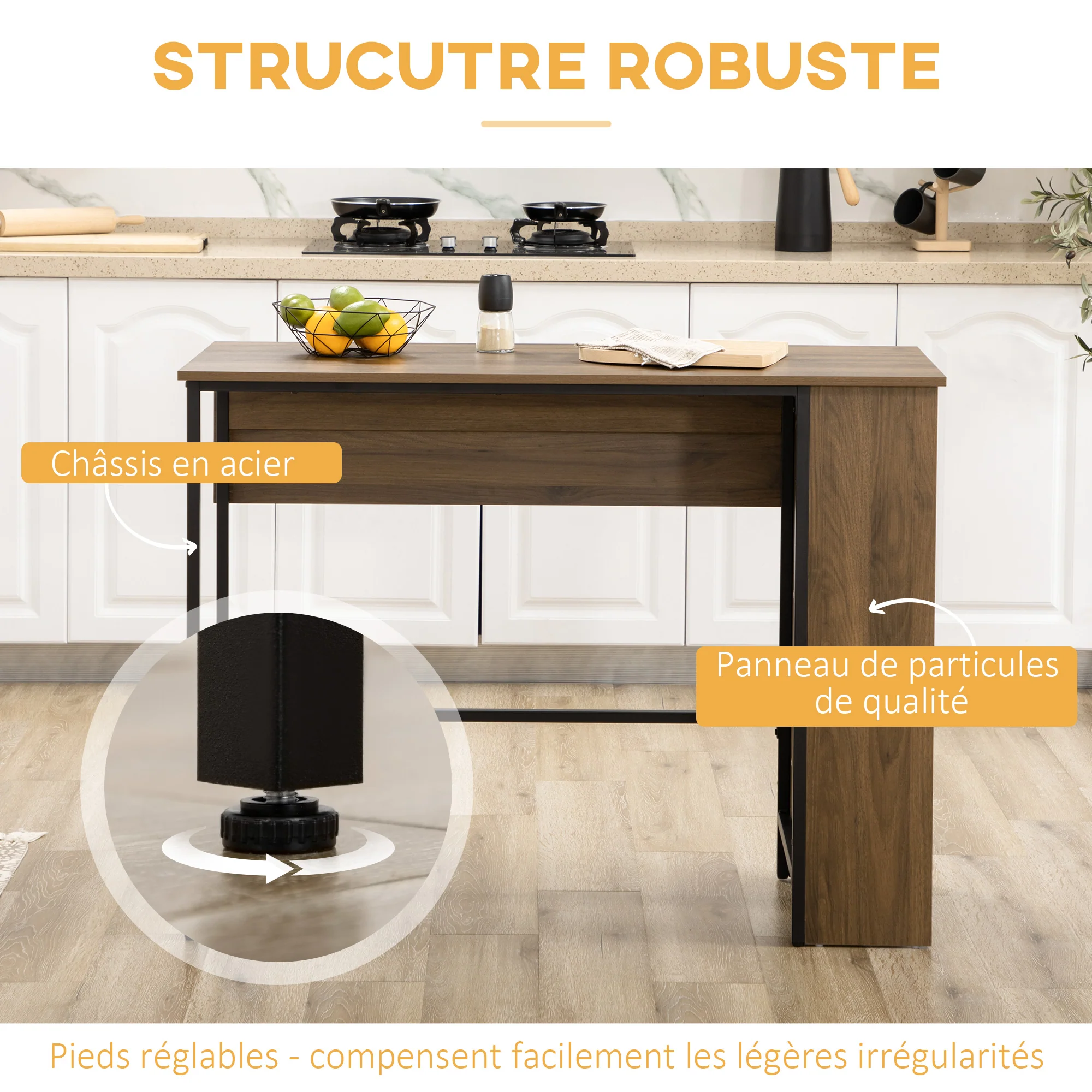 Table de bar avec rangement Table Bistrot Ilot central plateau latéral rabattable et 3 étagères - 120 x 76 x 91,4 cm marron - Image 7