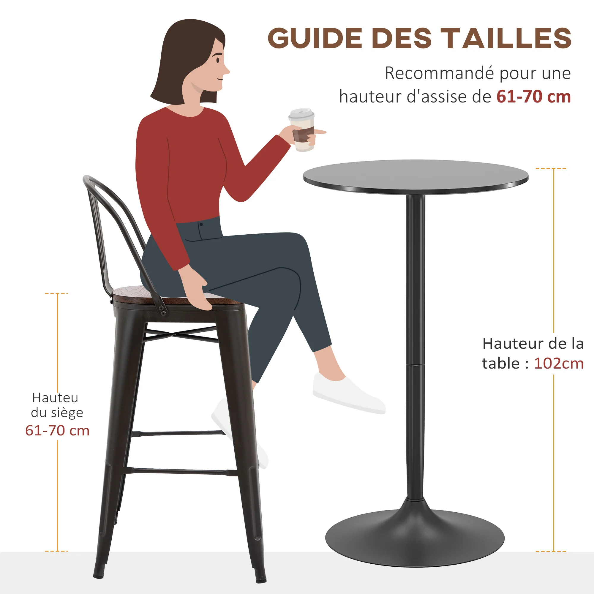 Table de bar ronde table de bistro mange-debout style contemporain avec plateau peint et cadre en acier dim. 60L x 60l x 102H cm noir - Image 8