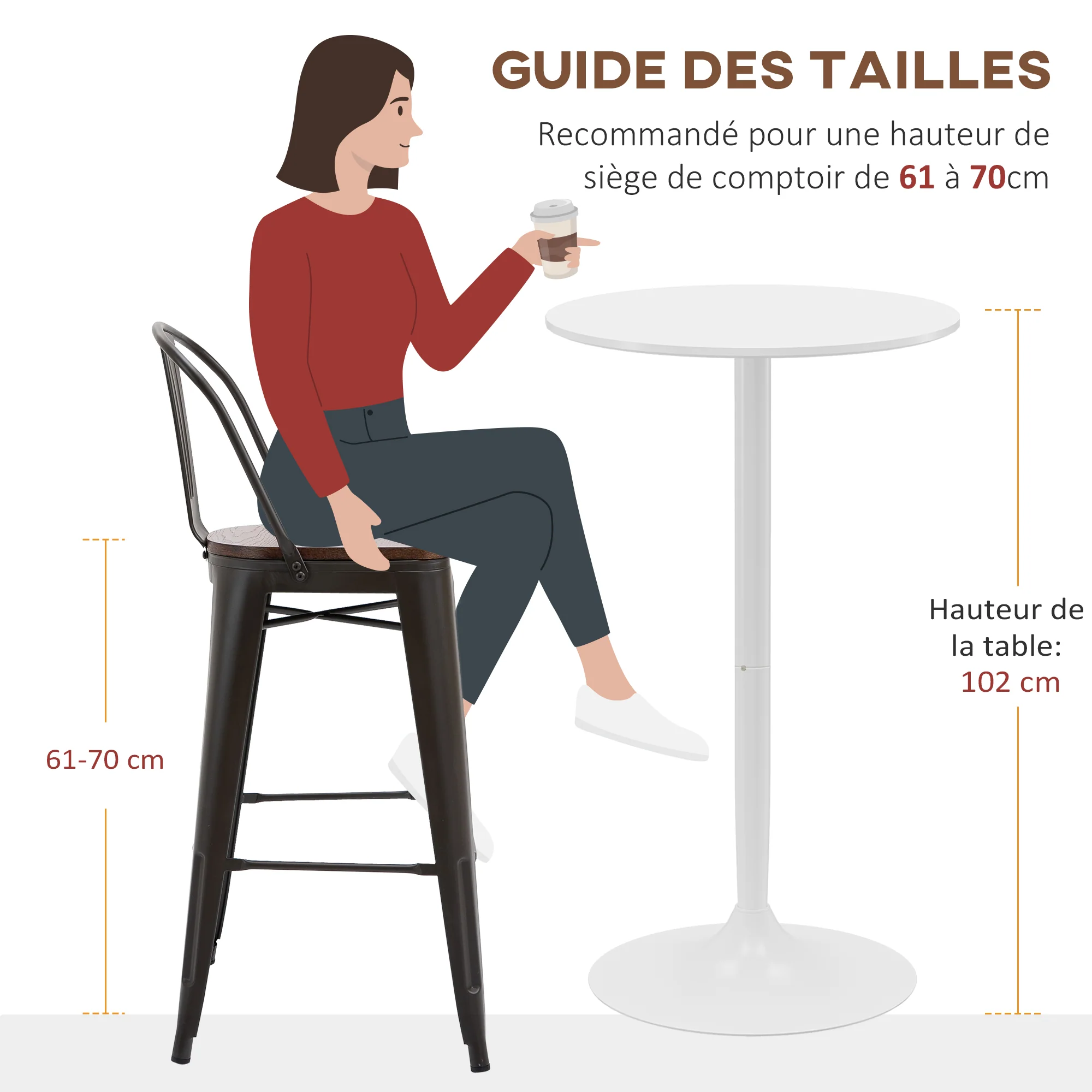 Table de bar ronde table de bistro mange-debout style contemporain avec plateau peint et cadre en acier dim. 60L x 60l x 102H cm blanc - Image 8