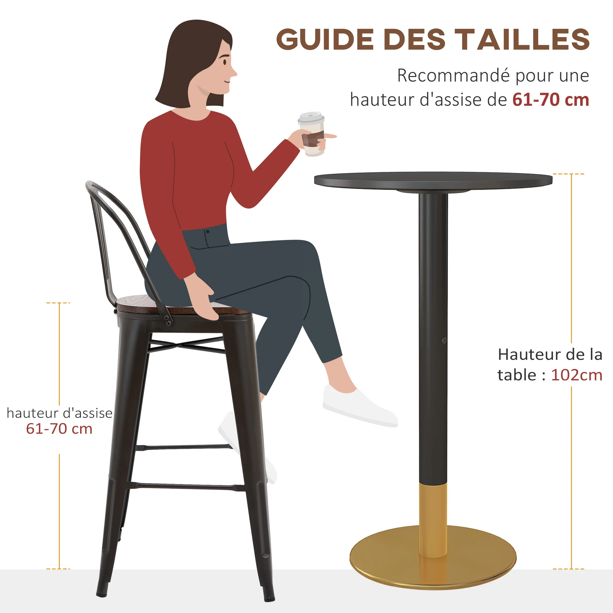 Table de bar ronde table de bistro mange-debout table de cuisine style contemporain cadre en acier dim. 60L x 60l x 102H cm noir - Image 7
