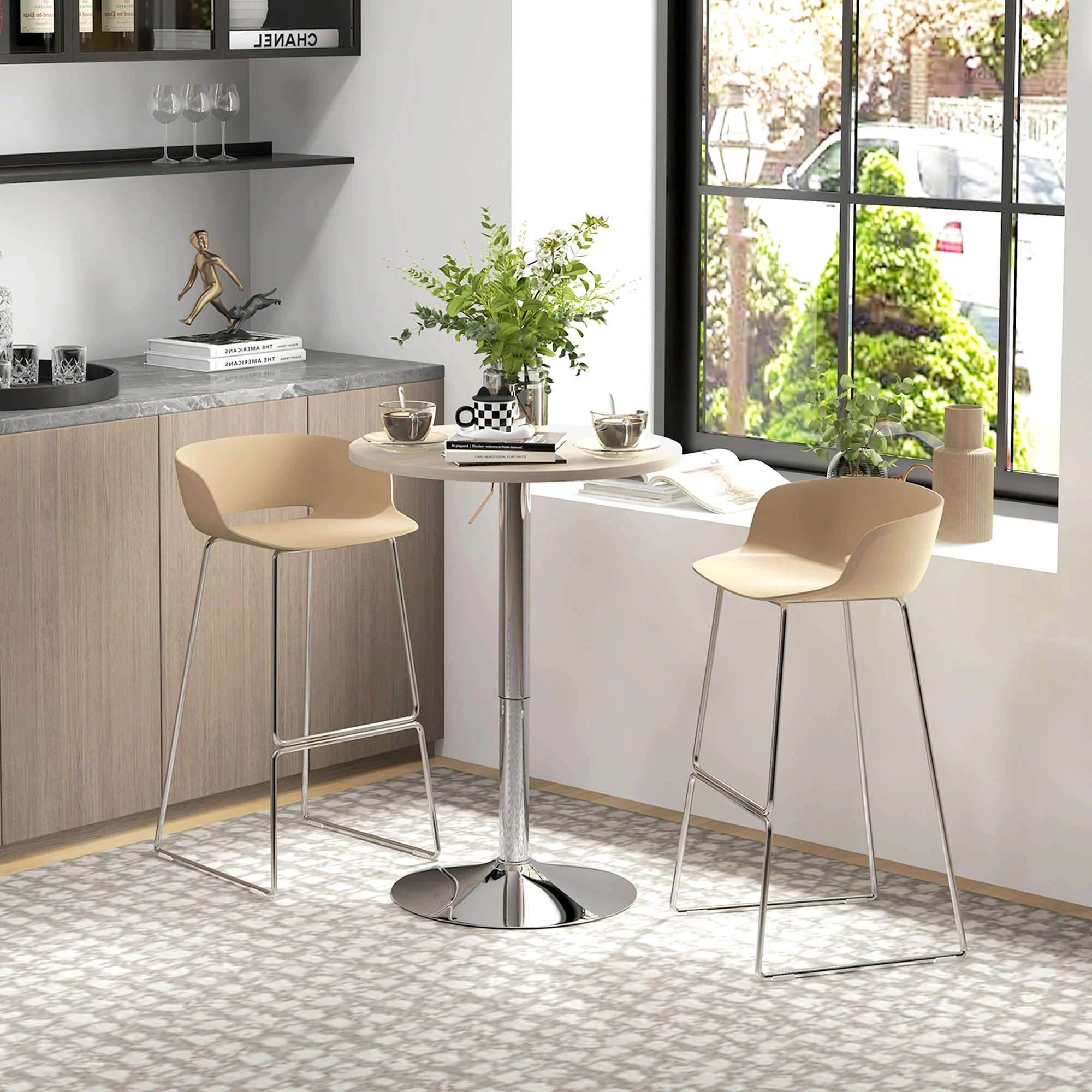 Table de bar ronde table haute cuisine mange-debout réglable en hauteur 69-91 cm avec plateau pivotante à 360° base en acier naturel et gris - Image 3