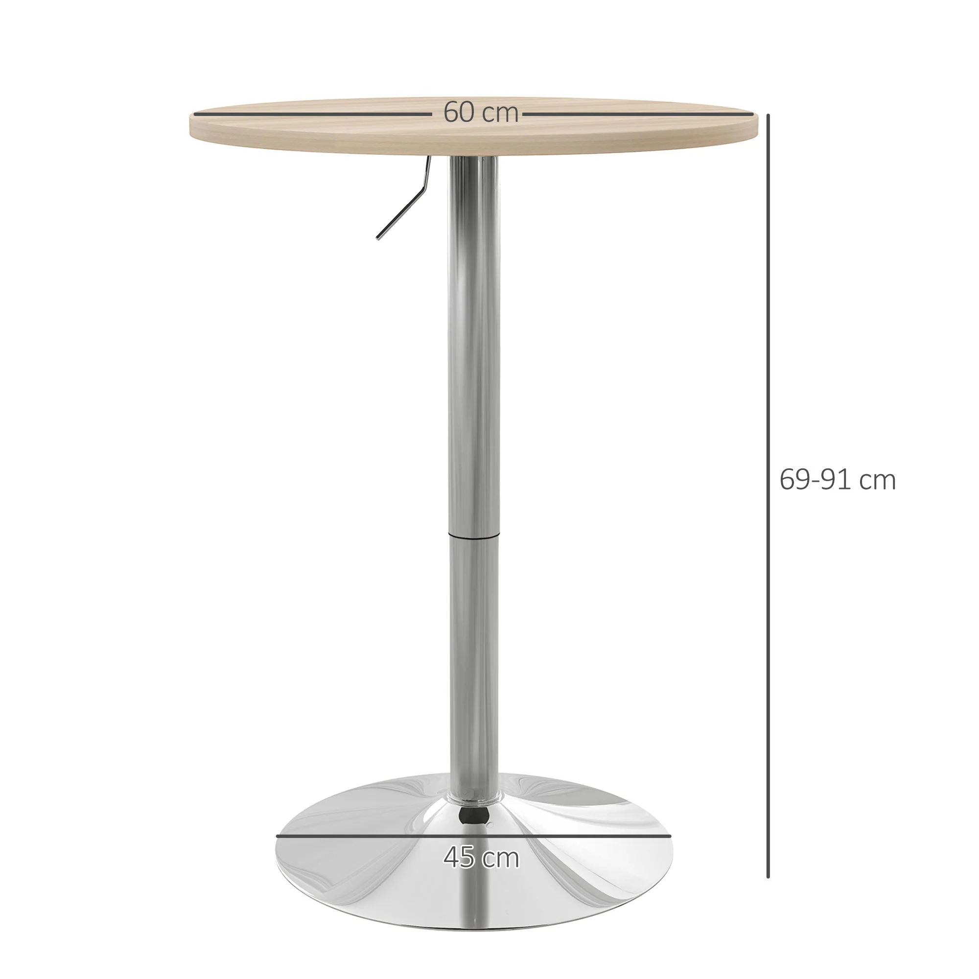 Table de bar ronde table haute cuisine mange-debout réglable en hauteur 69-91 cm avec plateau pivotante à 360° base en acier naturel et gris - Image 4