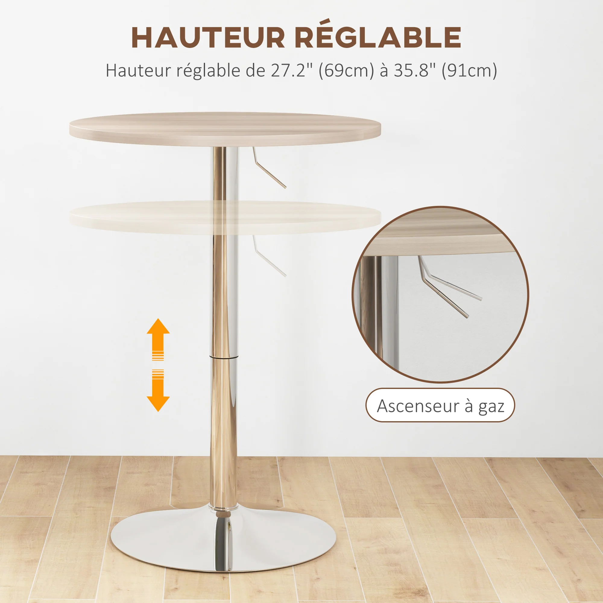 Table de bar ronde table haute cuisine mange-debout réglable en hauteur 69-91 cm avec plateau pivotante à 360° base en acier naturel et gris - Image 5