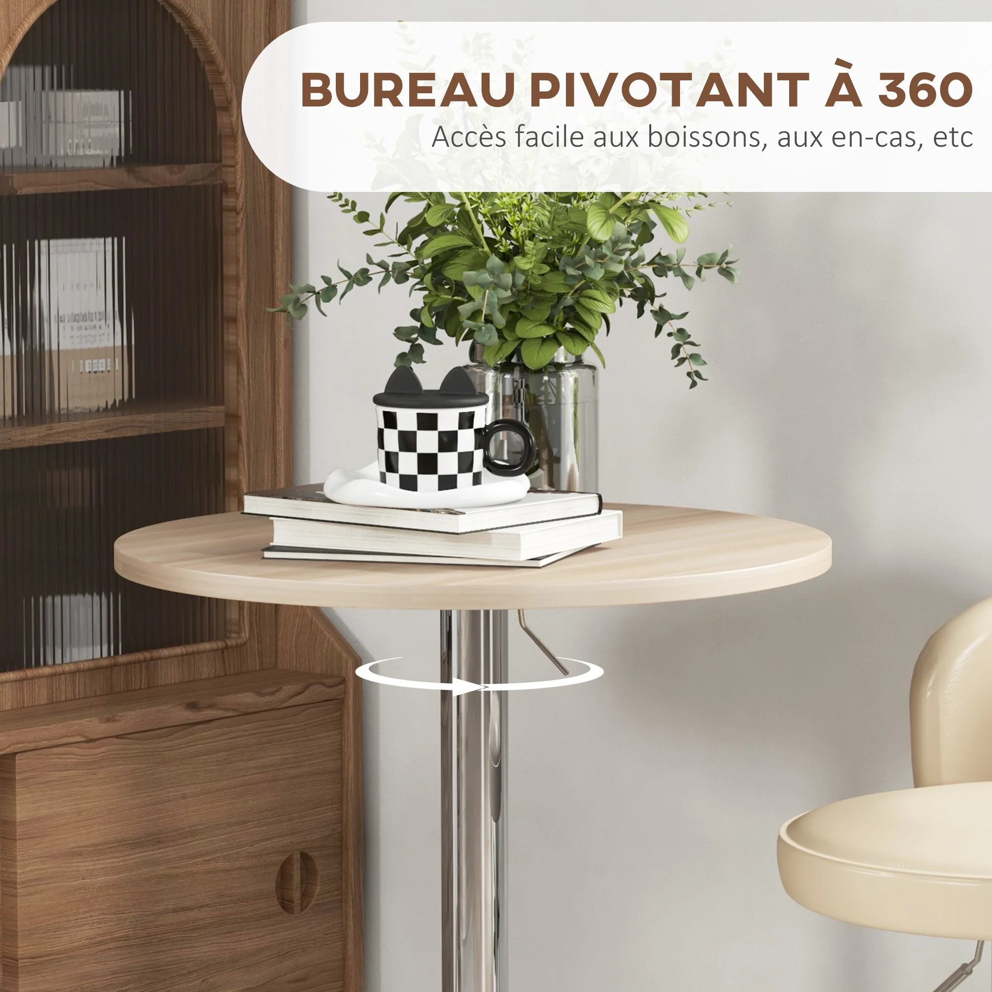 Table de bar ronde table haute cuisine mange-debout réglable en hauteur 69-91 cm avec plateau pivotante à 360° base en acier naturel et gris - Image 6
