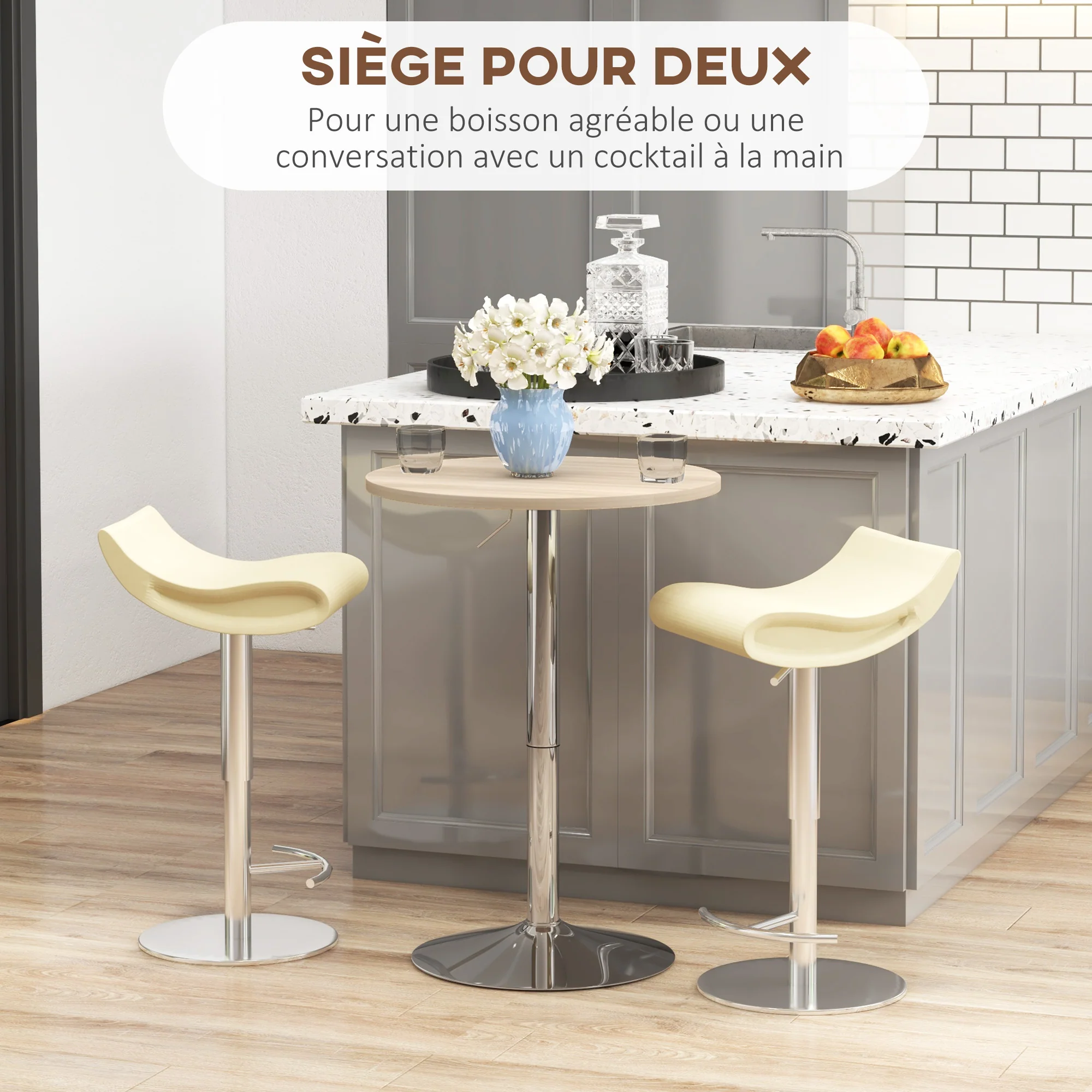 Table de bar ronde table haute cuisine mange-debout réglable en hauteur 69-91 cm avec plateau pivotante à 360° base en acier naturel et gris - Image 7