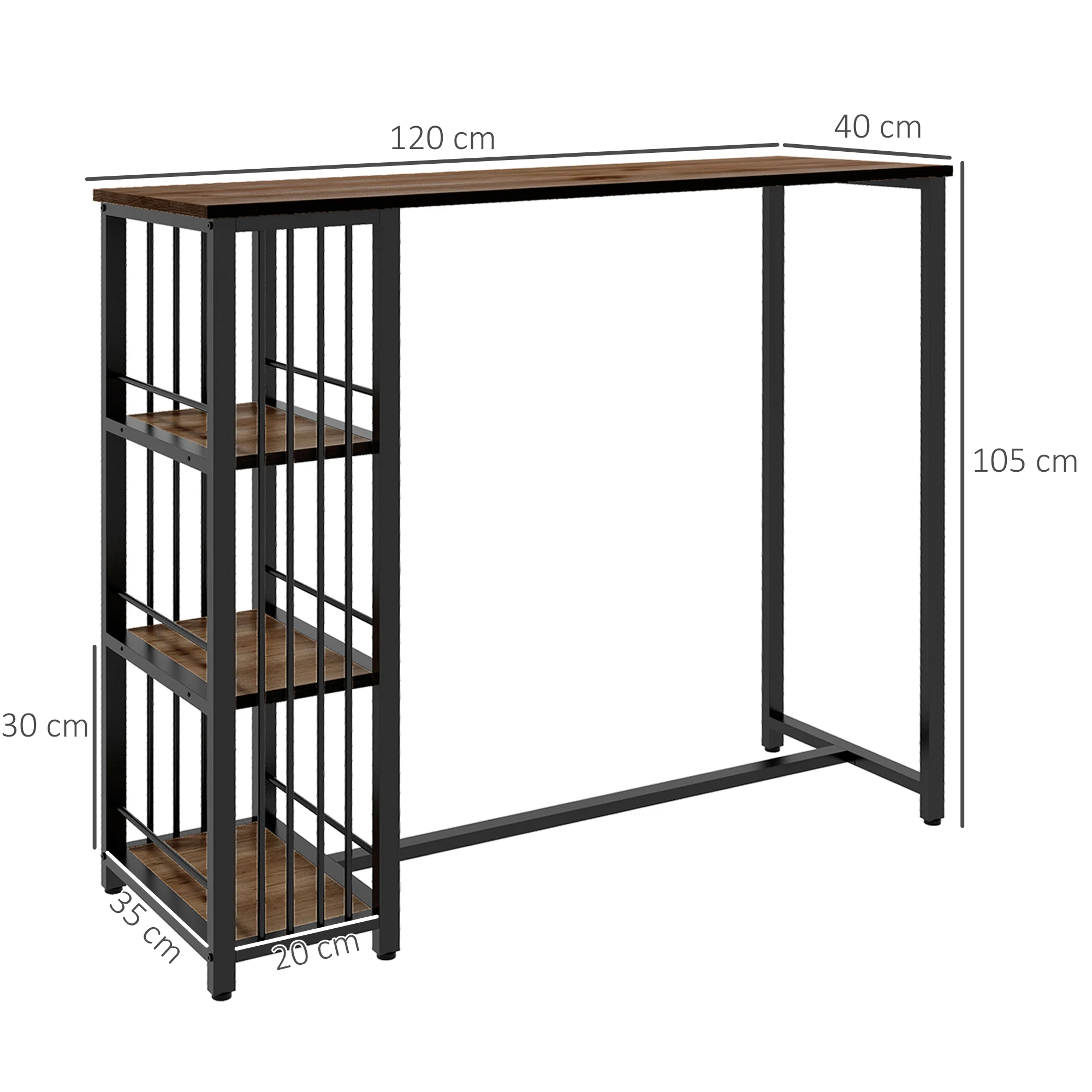 Table de bar table haute de cuisine mange-debout avec étagères - 120 x 40 x 105 cm - piètement acier noir marron - Image 4