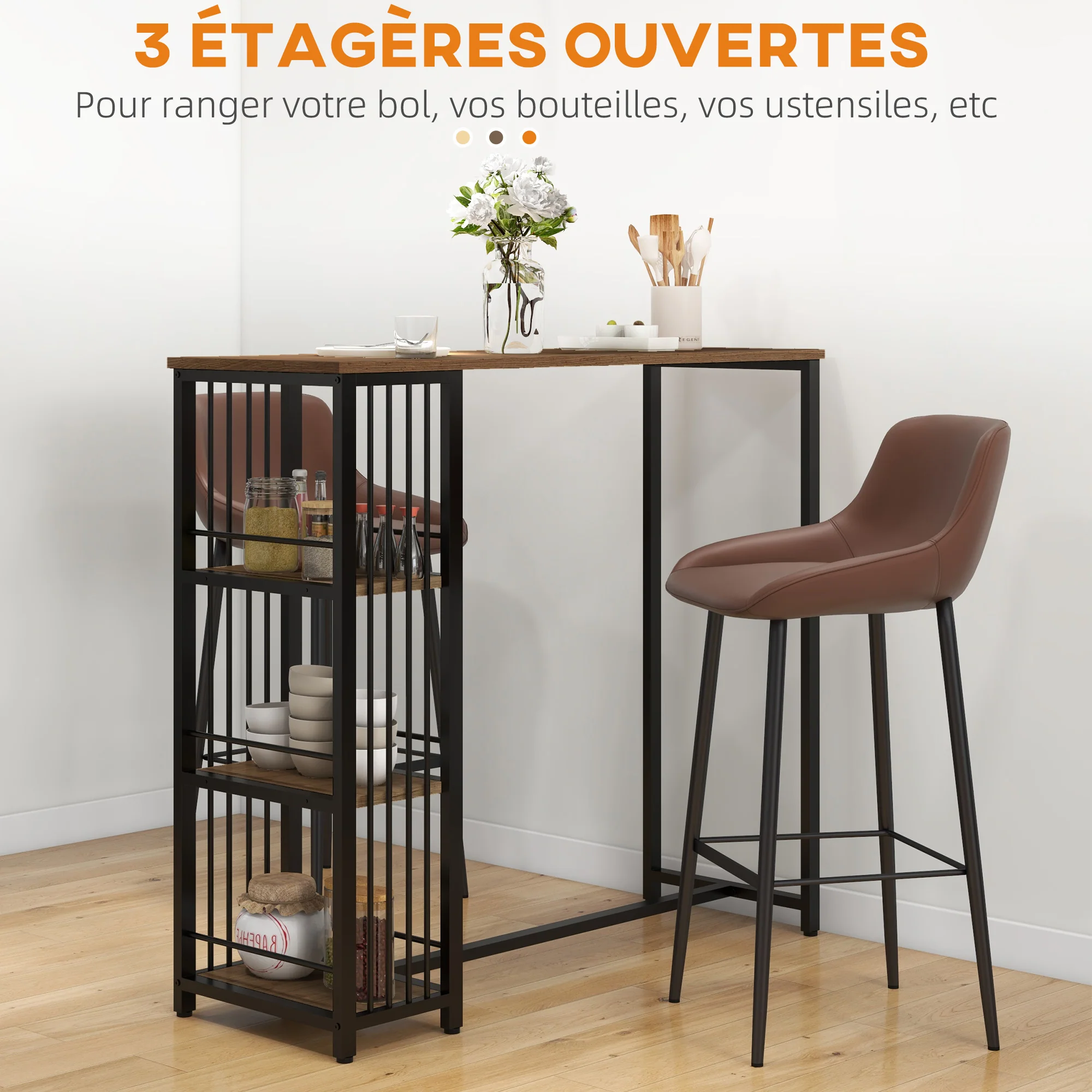 Table de bar table haute de cuisine mange-debout avec étagères - 120 x 40 x 105 cm - piètement acier noir marron - Image 5