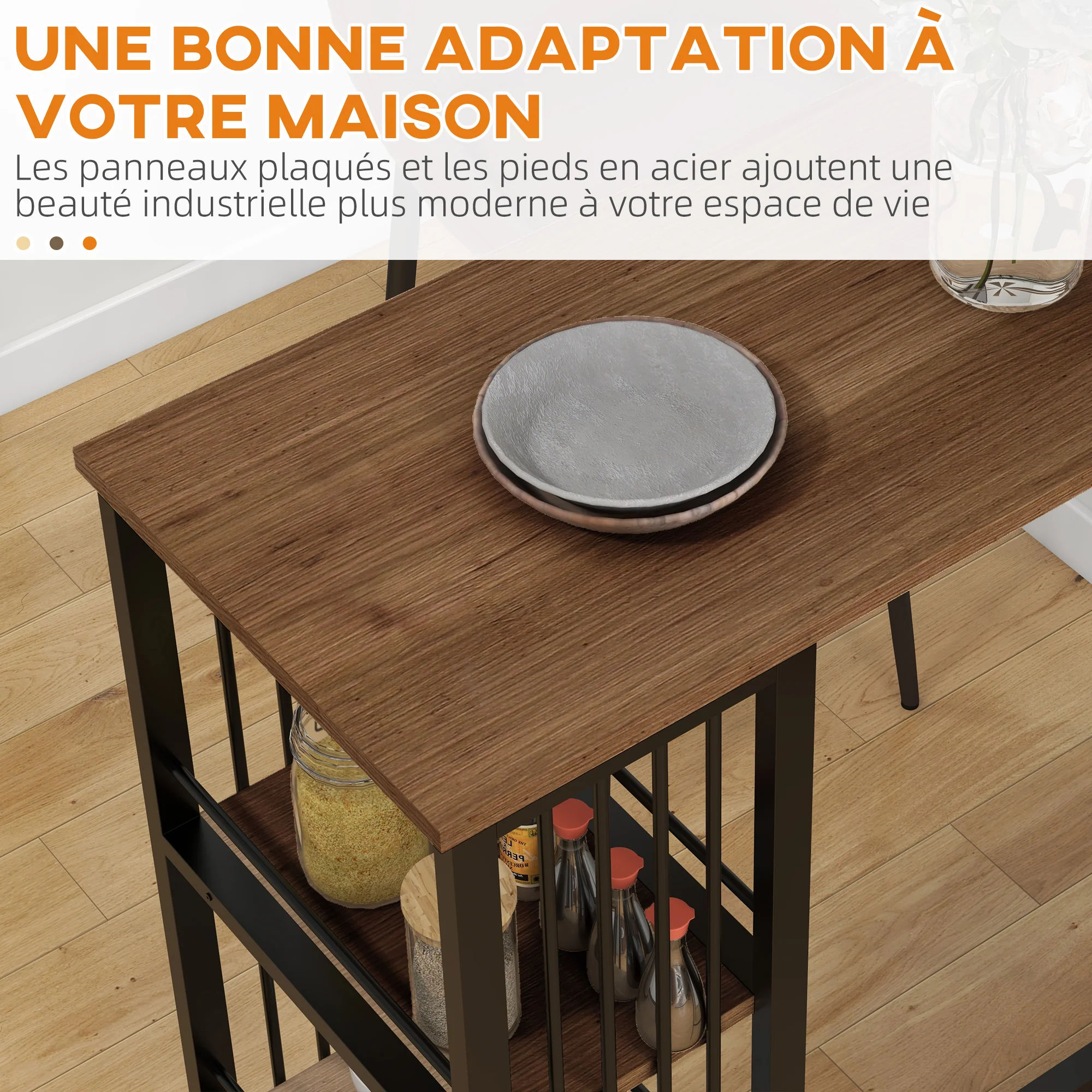Table de bar table haute de cuisine mange-debout avec étagères - 120 x 40 x 105 cm - piètement acier noir marron - Image 6