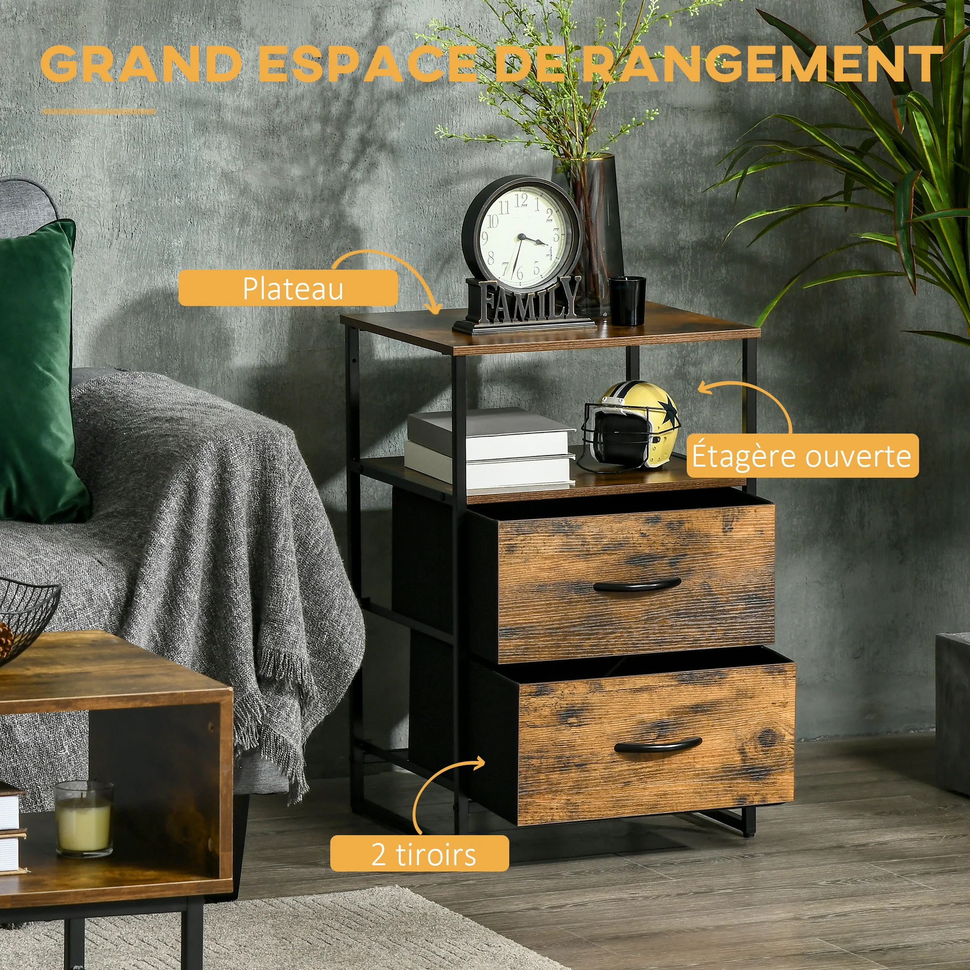 Table de Chevet avec 2 Tiroirs Tissus Table d'appoint petit Meuble de Rangement Style Industriel Commode 2 tiroirs - 45 x 40 x 70,5 cm - Bois et métal - Image 5