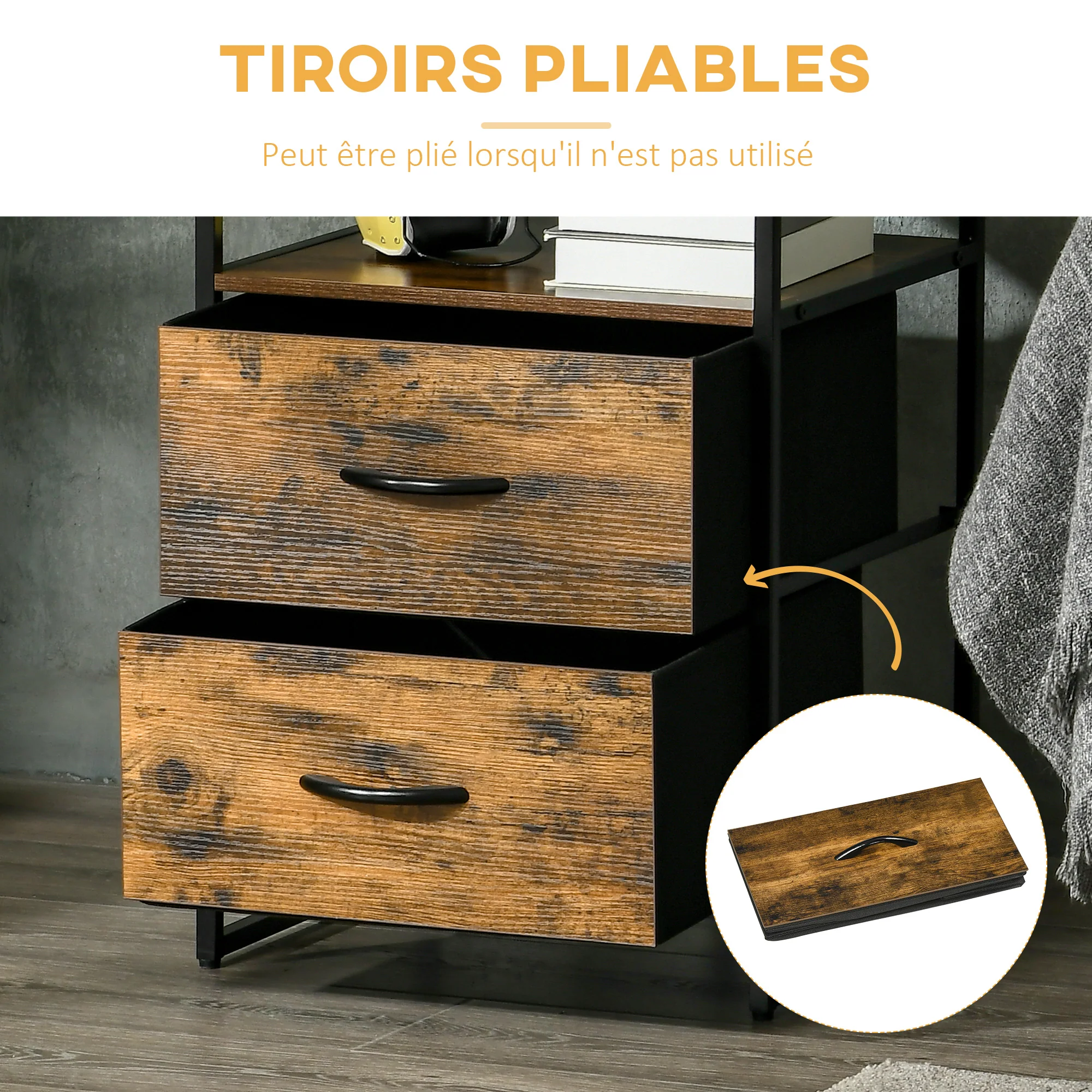 Table de Chevet avec 2 Tiroirs Tissus Table d'appoint petit Meuble de Rangement Style Industriel Commode 2 tiroirs - 45 x 40 x 70,5 cm - Bois et métal - Image 6