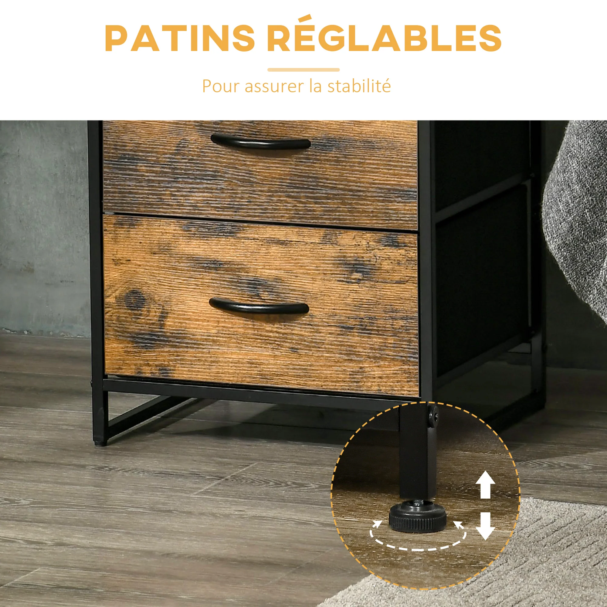 Table de Chevet avec 2 Tiroirs Tissus Table d'appoint petit Meuble de Rangement Style Industriel Commode 2 tiroirs - 45 x 40 x 70,5 cm - Bois et métal - Image 7