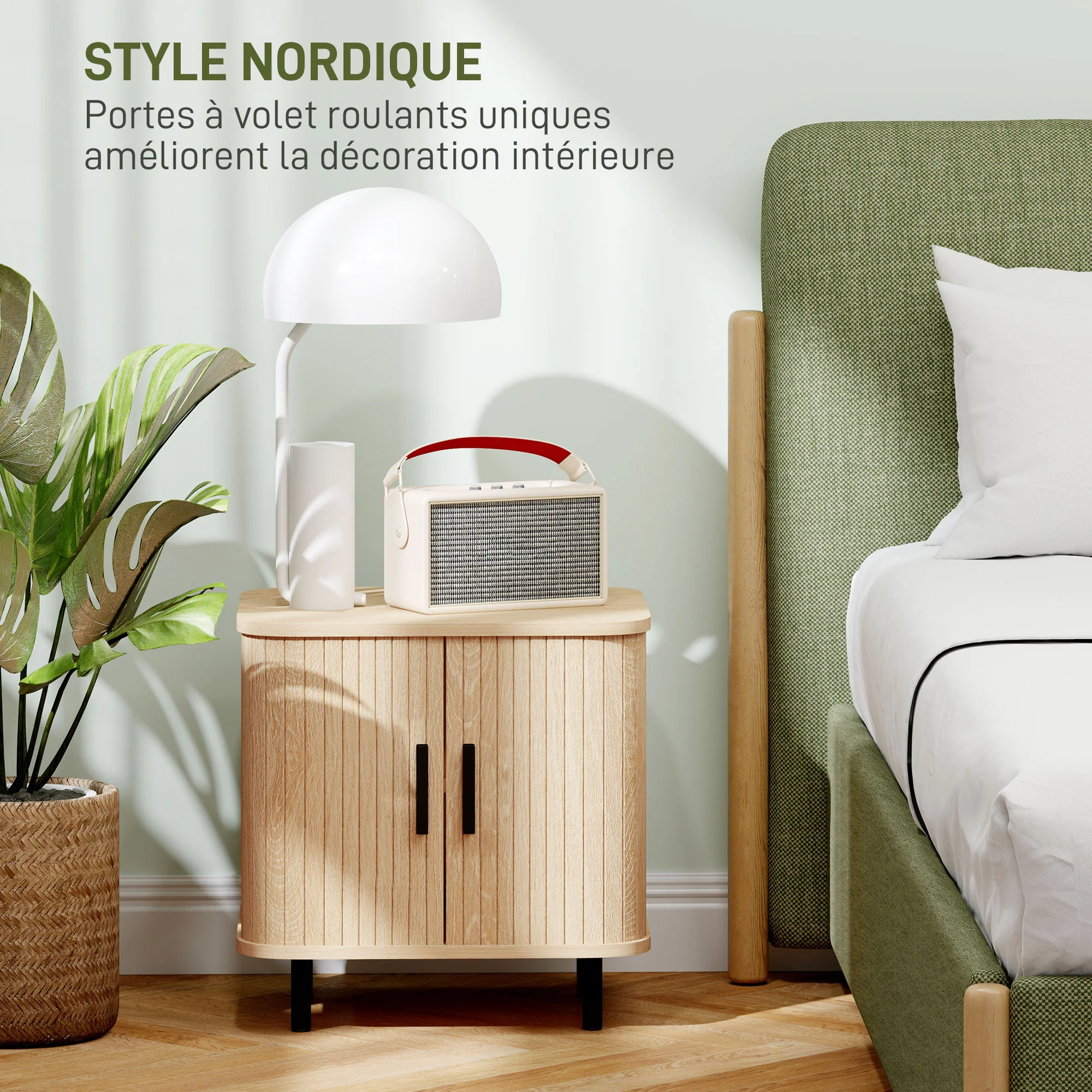 Table de chevet, table d'appoint, table de nuit style scandinave 2 portes coulissantes et pieds en acier pour chambre, salon, 48 x 40 x 48 cm, aspect bois - Image 5