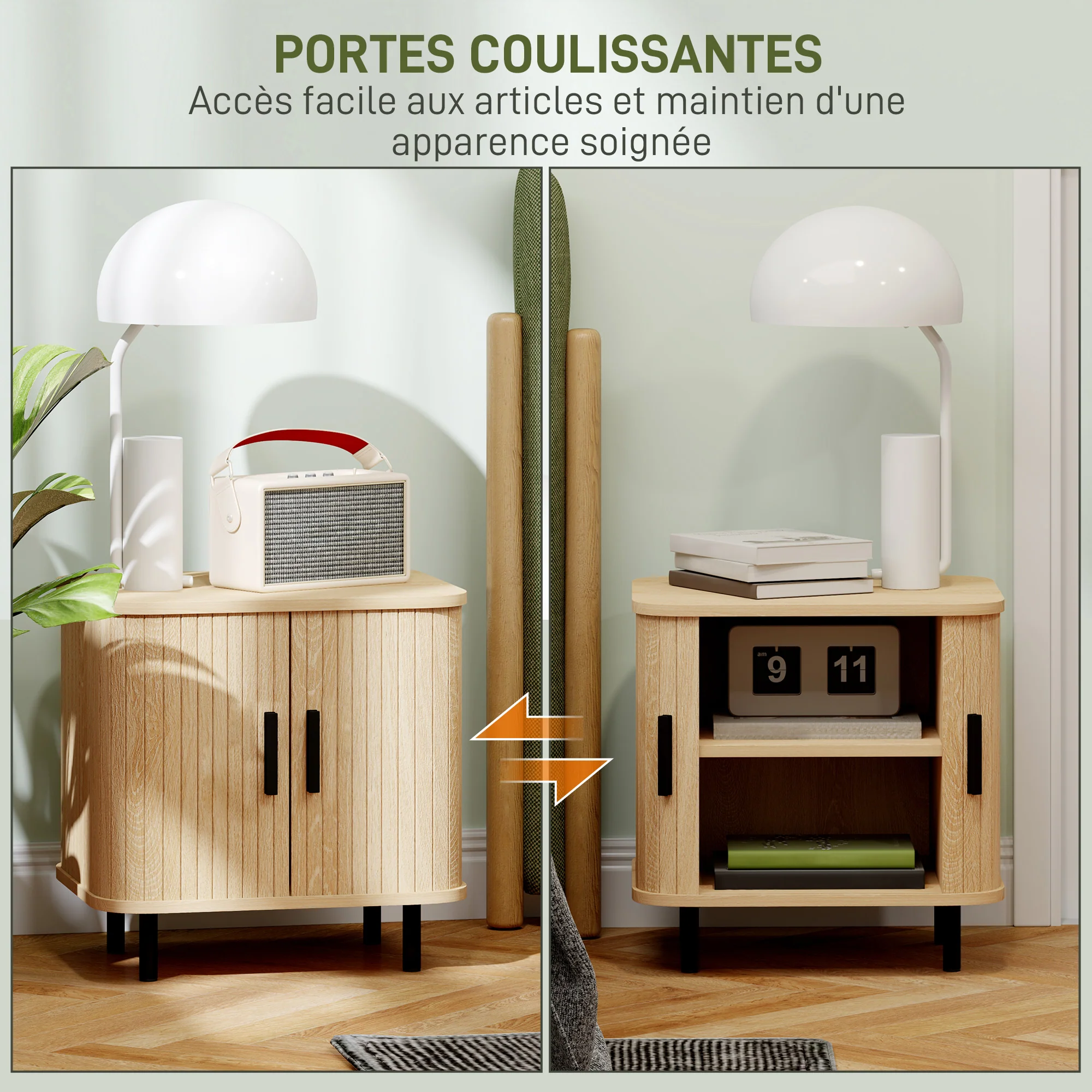 Table de chevet, table d'appoint, table de nuit style scandinave 2 portes coulissantes et pieds en acier pour chambre, salon, 48 x 40 x 48 cm, aspect bois - Image 6