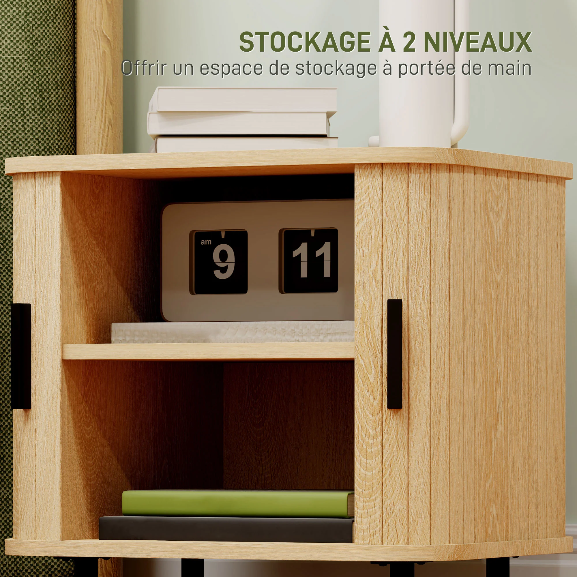 Table de chevet, table d'appoint, table de nuit style scandinave 2 portes coulissantes et pieds en acier pour chambre, salon, 48 x 40 x 48 cm, aspect bois - Image 7