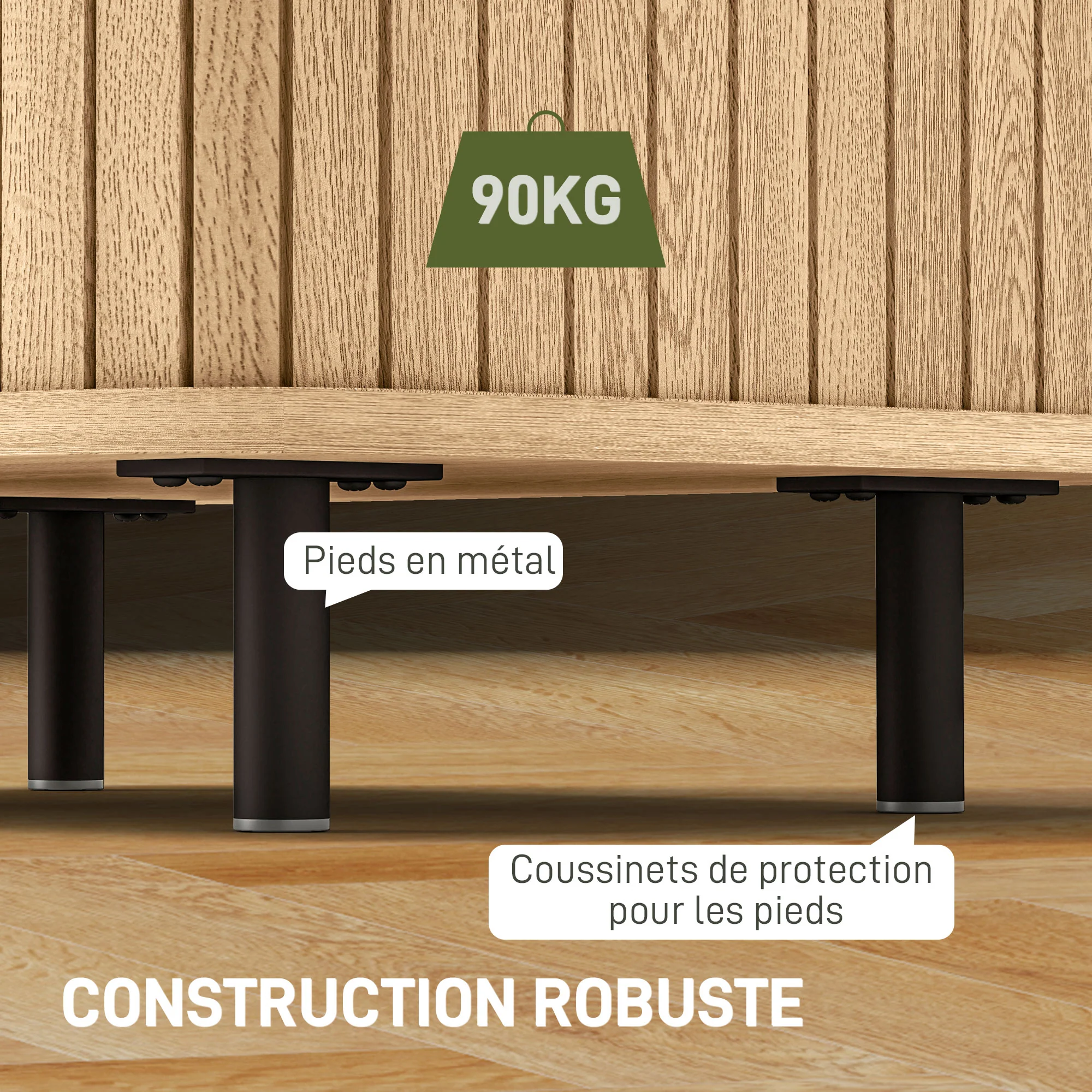 Table de chevet, table d'appoint, table de nuit style scandinave 2 portes coulissantes et pieds en acier pour chambre, salon, 48 x 40 x 48 cm, aspect bois - Image 8
