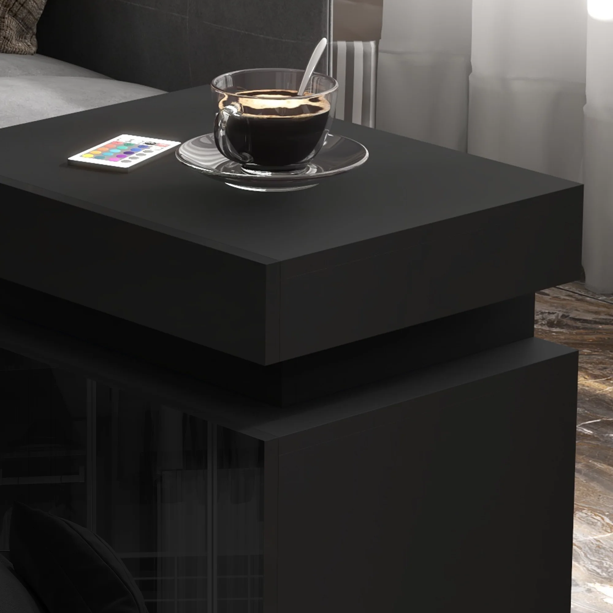 Table de chevet, table de nuit, avec lumière LED RVB, fa?ade du tiroir haute brillance, table d'appoint avec 2 tiroirs, pour salon, chambre à coucher, noir - Image 10