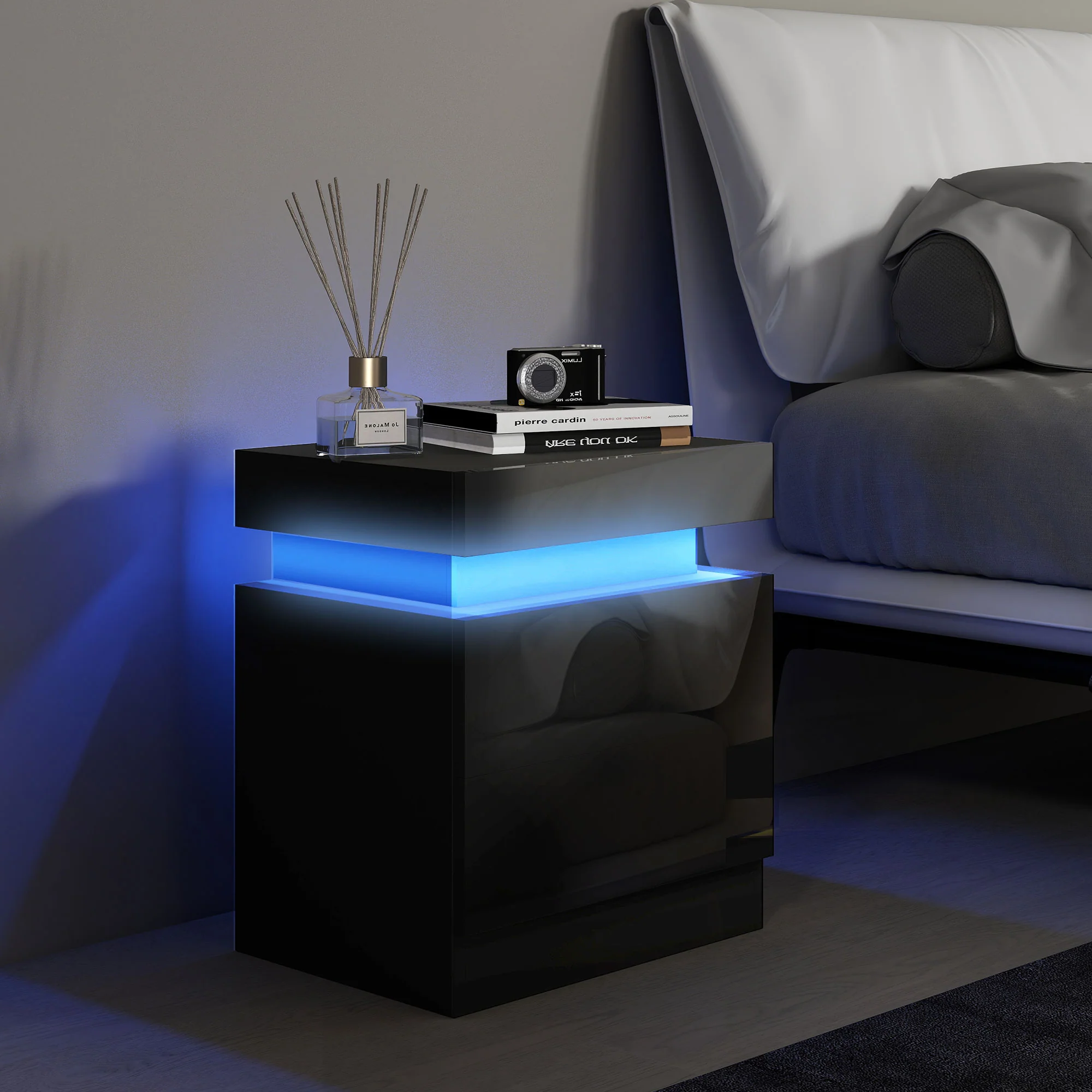 Table de chevet, table de nuit, avec lumière LED RVB, fa?ade du tiroir haute brillance, table d'appoint avec 2 tiroirs, pour salon, chambre à coucher, noir - Image 3
