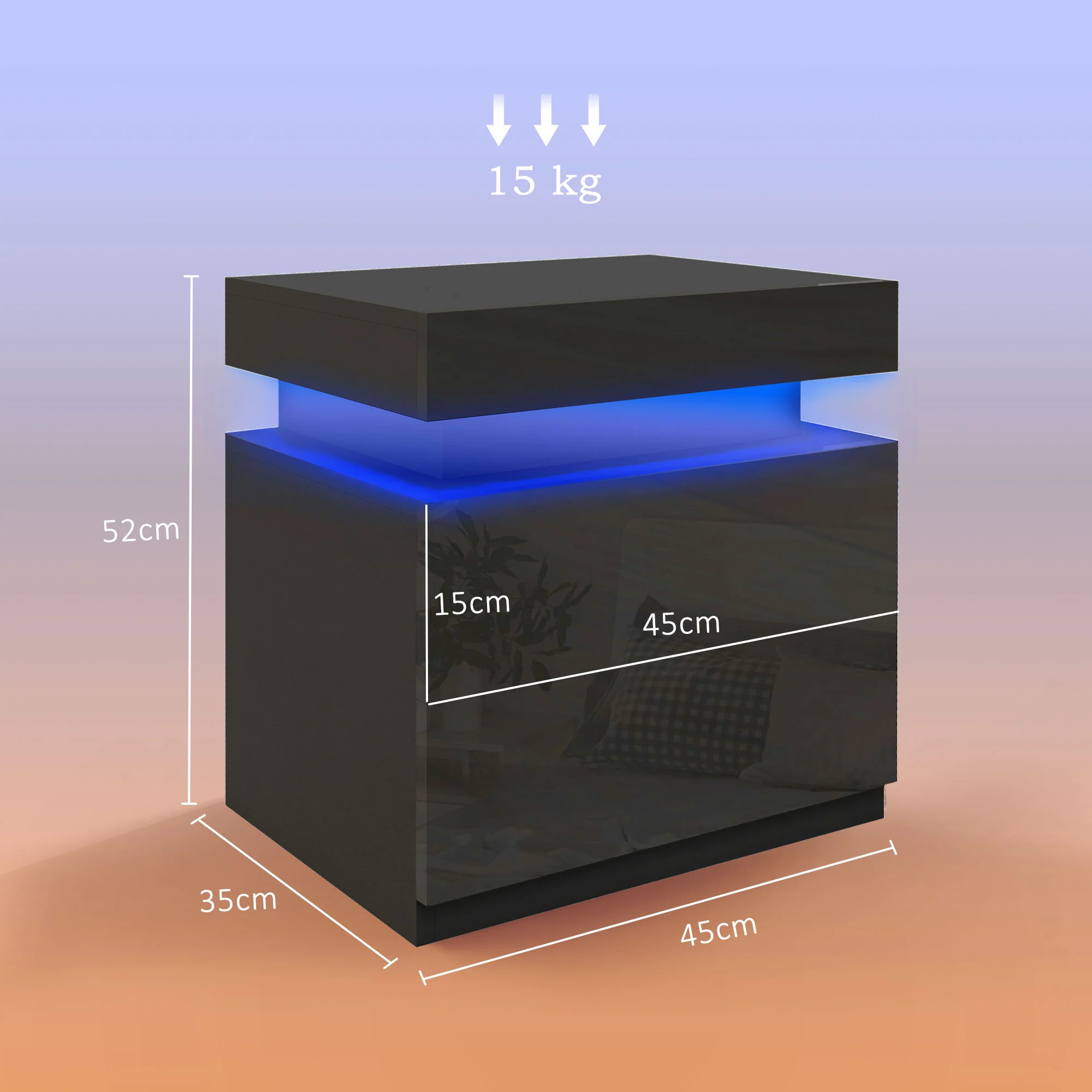 Table de chevet, table de nuit, avec lumière LED RVB, fa?ade du tiroir haute brillance, table d'appoint avec 2 tiroirs, pour salon, chambre à coucher, noir - Image 4